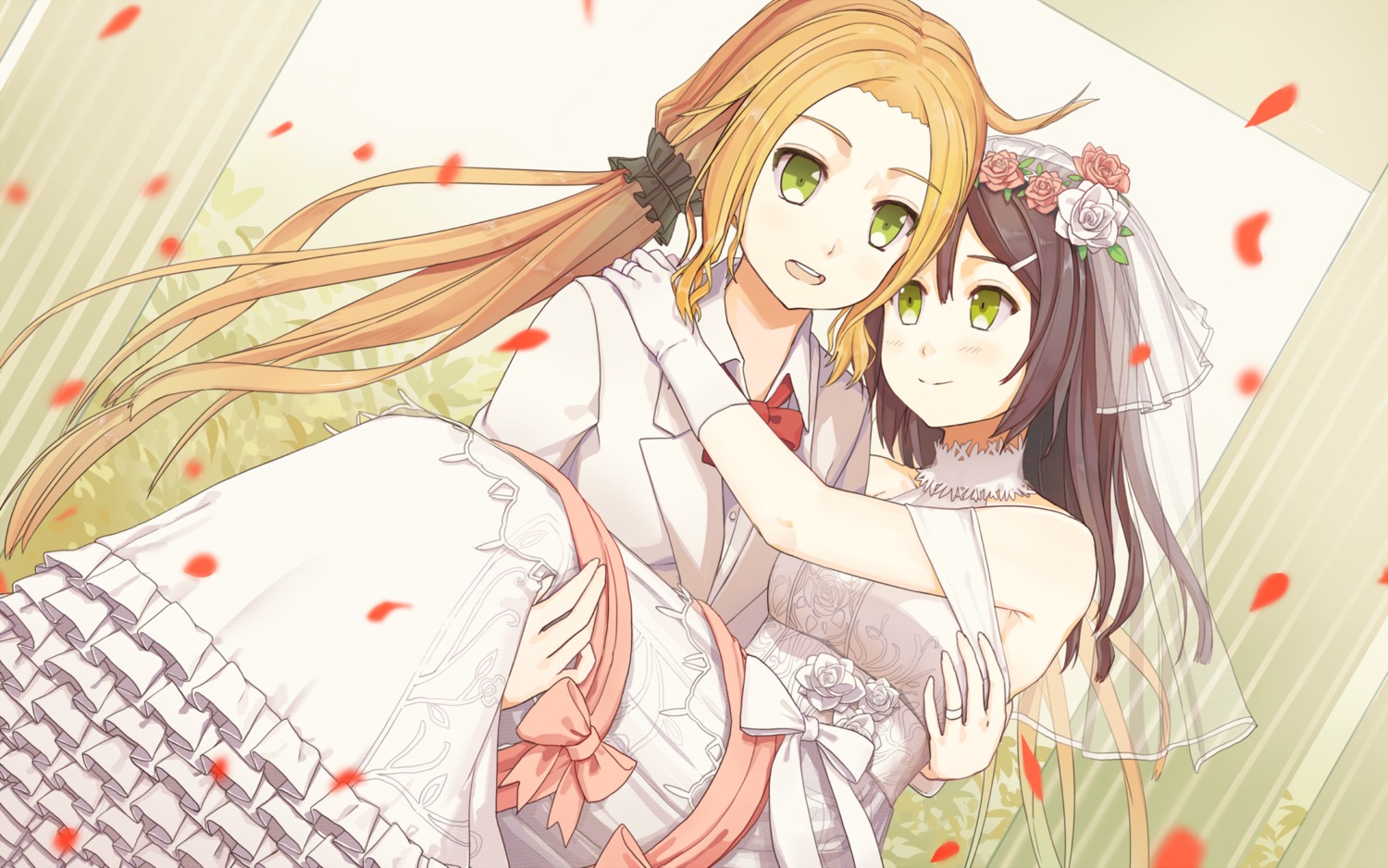 dress, inubouzaki_fuu, miyoshi_karin, piza_rokumai, wallpaper, wedding_dress, yuri, yuuki_yuuna_wa_yuusha_de_aru