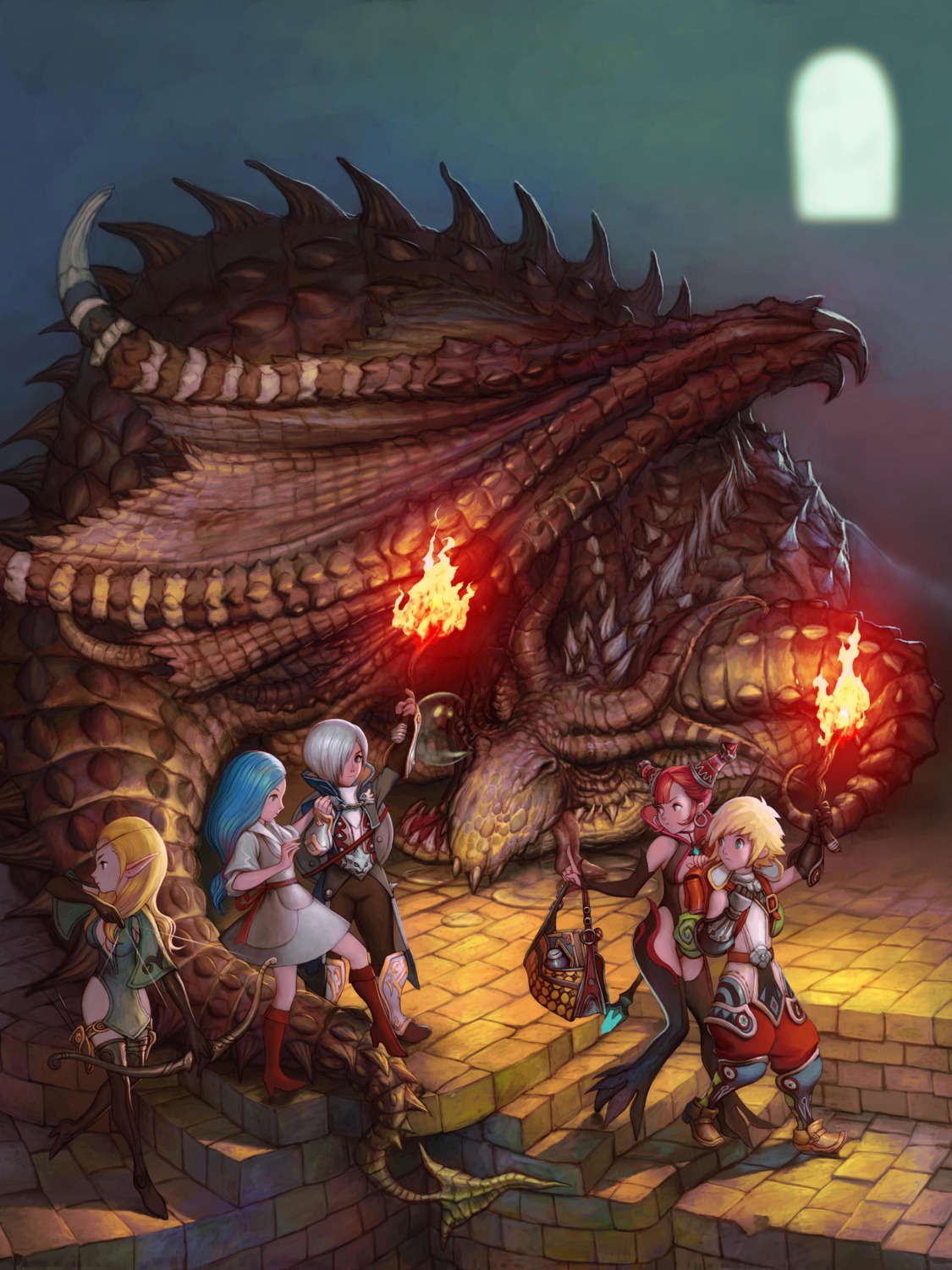 armor, cleavage, dragon_nest, dress, elf, heels, monster, no_bra
