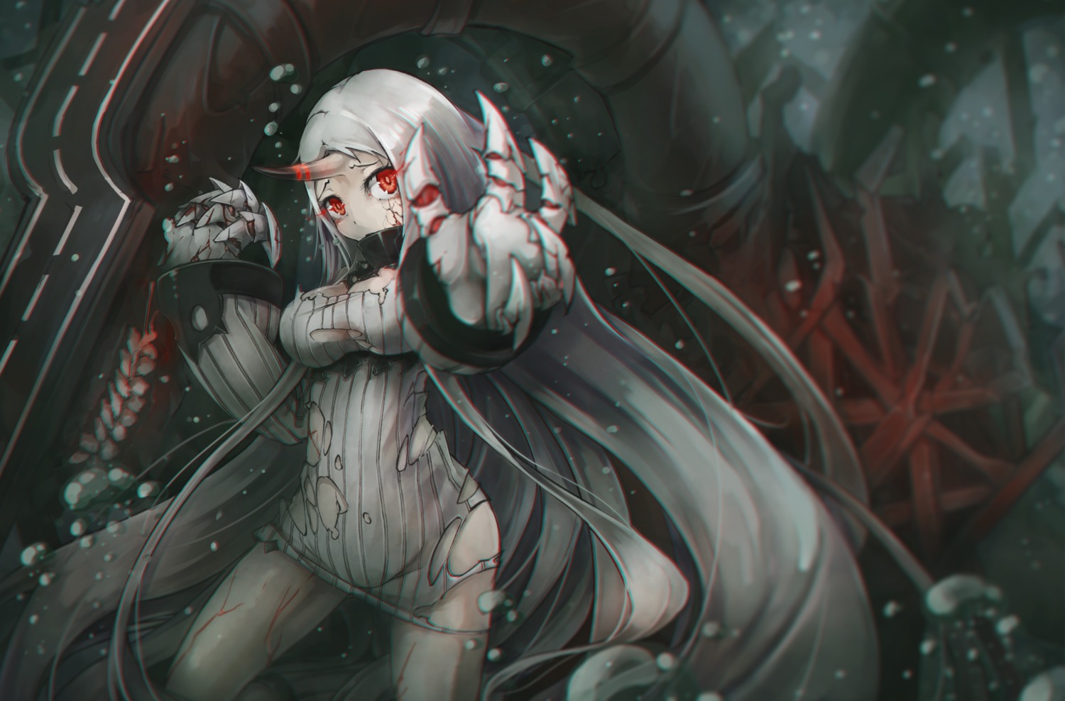 cleavage, dress, horns, kajaneko, kantai_collection, no_bra, seaport_hime, torn_clothes