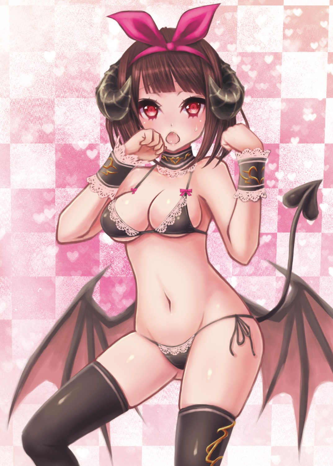 bra, cleavage, horns, miyamae_porin, pantsu, string_panties, tail, thighhighs, underboob, wings