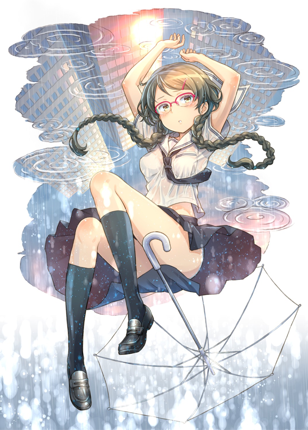 bra, kuinji_51go, megane, see_through, seifuku, umbrella, wet_clothes