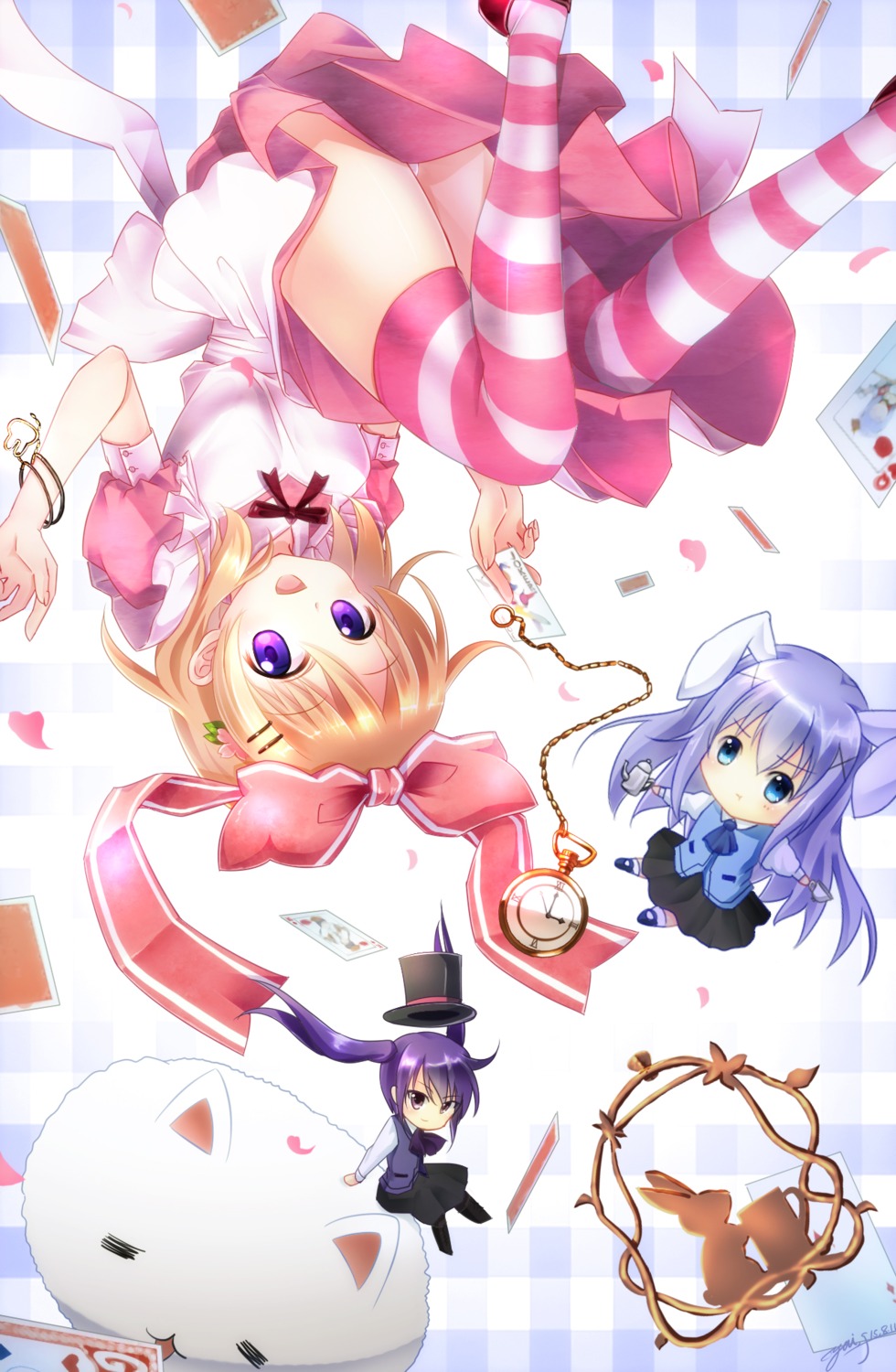 animal_ears, bunny_ears, chibi, dress, gochuumon_wa_usagi_desu_ka?, hoto_cocoa, kafuu_chino, pantsu, tedeza_rize, thighhighs, tippy_(gochiusa), waitress, yuitsuki1206