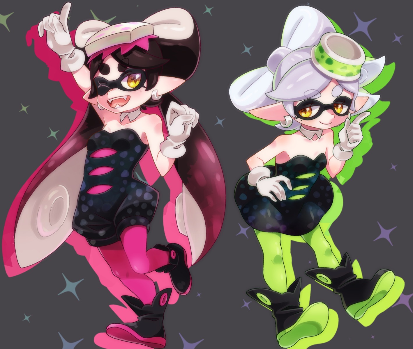 aori_(splatoon), dress, hotaru_(splatoon), pantyhose, pointy_ears, splatoon, yupiteru