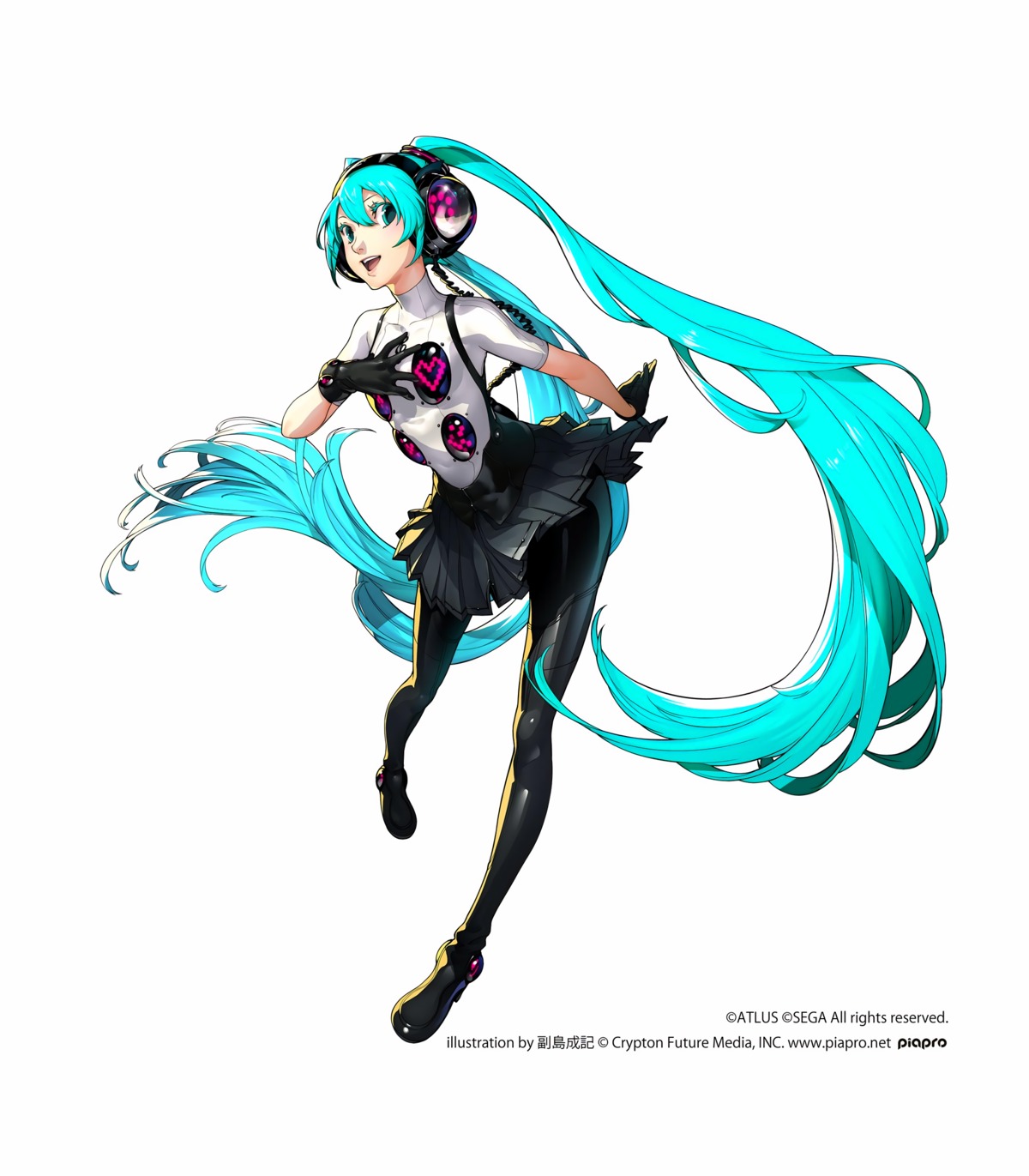 hatsune_miku, headphones, heels, megaten, pantyhose, persona, persona_4:_dancing_all_night, soejima_shigenori