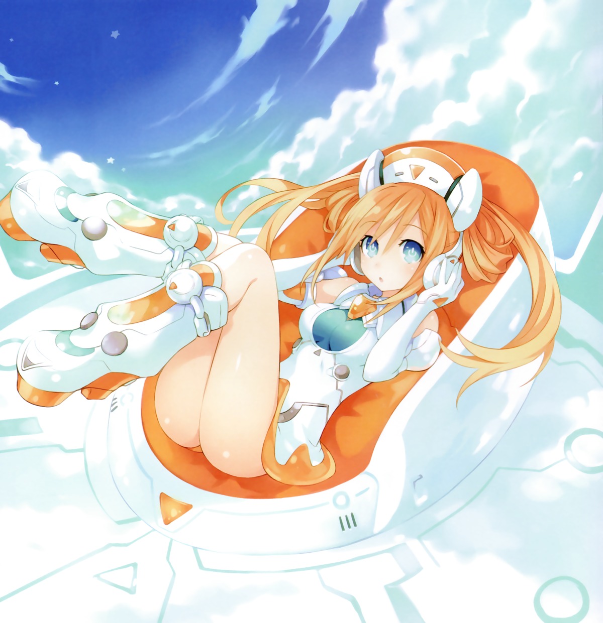 choujigen_game_neptune, dress, headphones, heels, nopan, orange_heart, tennouboshi_uzume, tsunako
