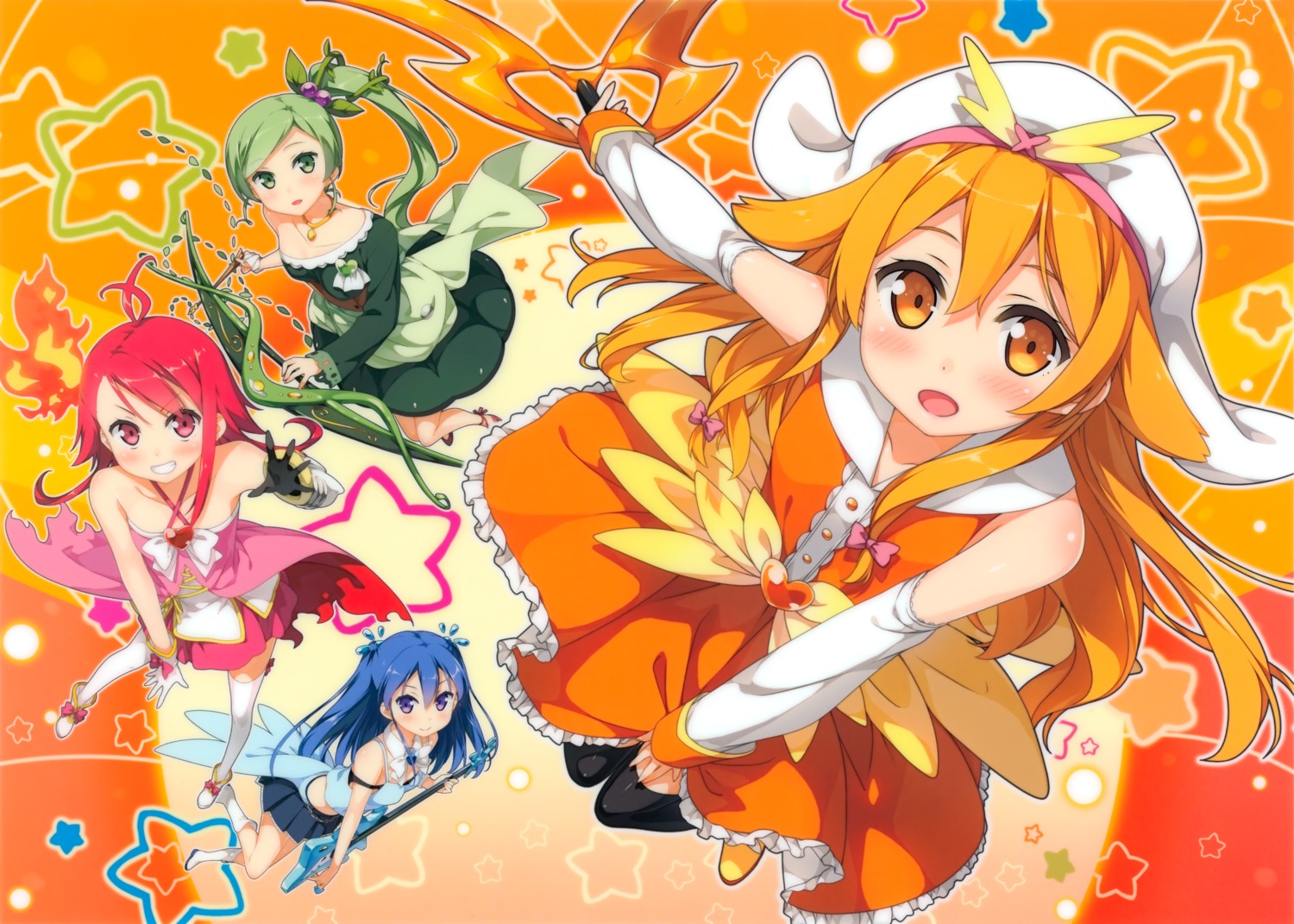 asagi_asuka, cleavage, dress, guitar, hiiragi_mako, kantoku, magical_suite_prism_nana, oribe_kotone