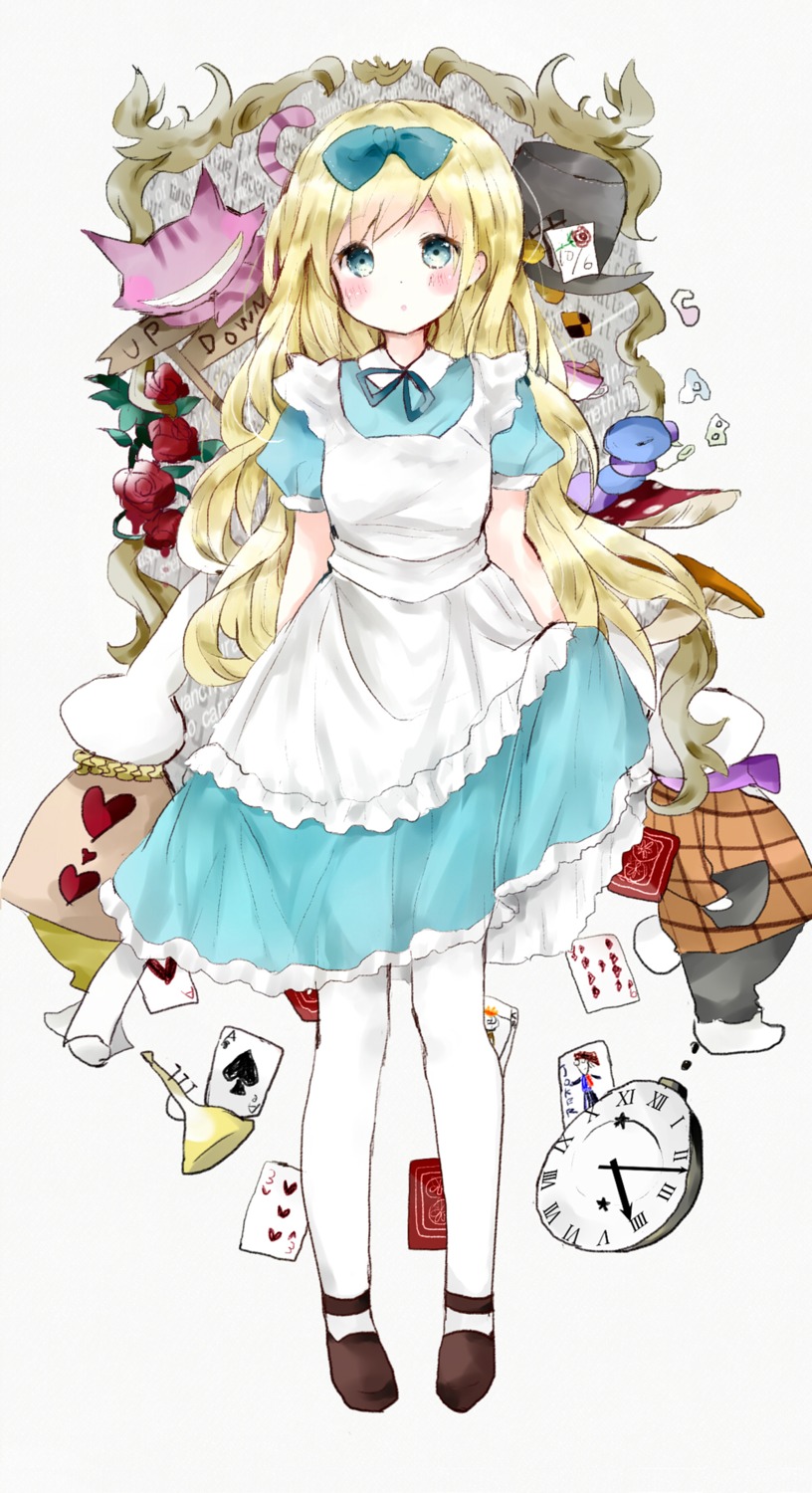 alice, alice_in_wonderland, caterpillar_(wonderland), cheshire_cat, dress, mad_hatter, pantyhose, skirt_lift, tsukiyo_(skymint), white_rabbit