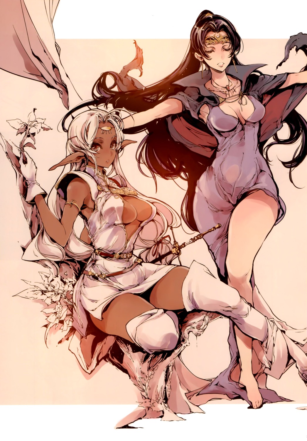 cleavage, dress, elf, feet, karla, no_bra, pirotess, pointy_ears, record_of_lodoss_war, stitchme, sword, tagme, thighhighs