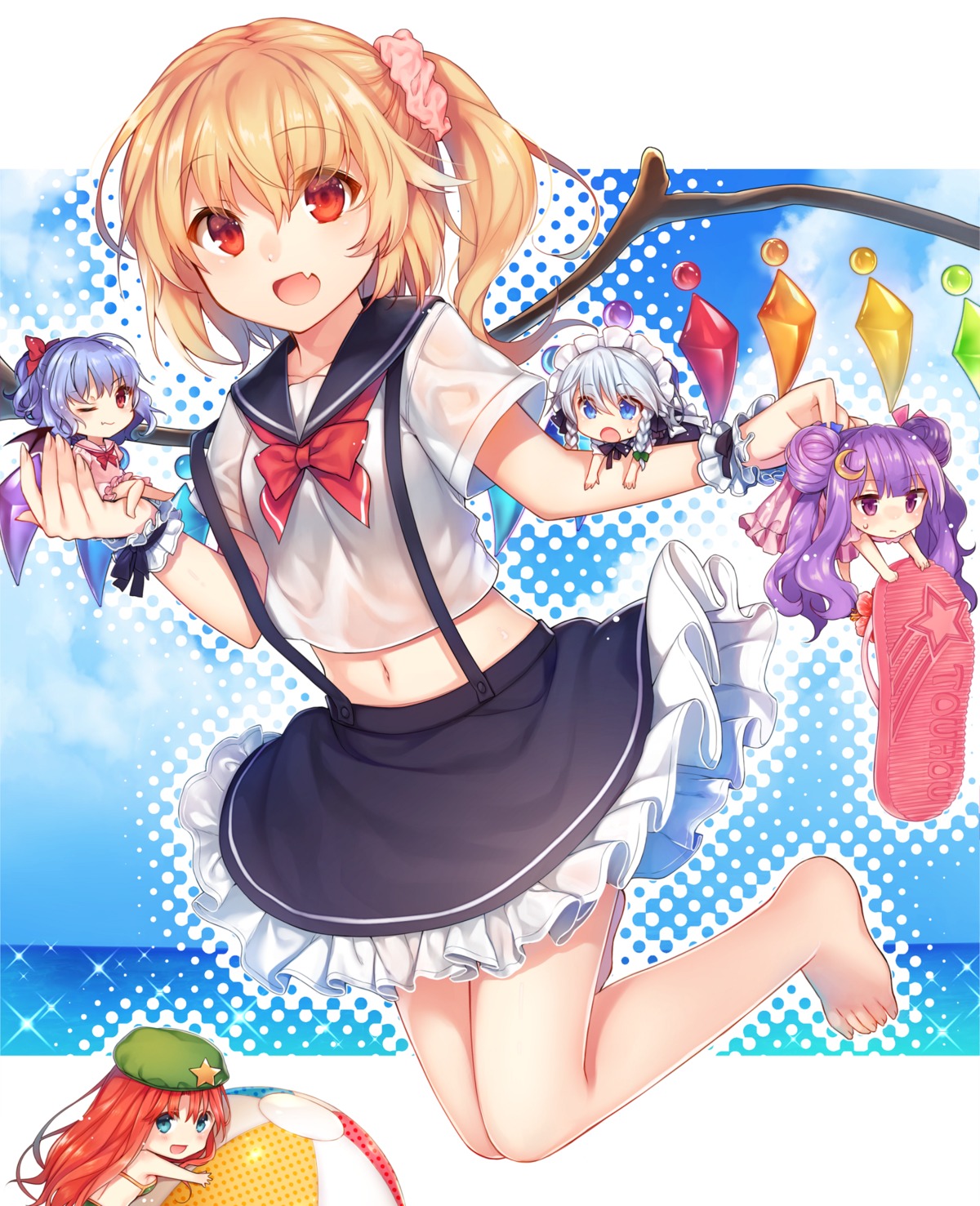 akayan, bikini, chibi, feet, flandre_scarlet, hong_meiling, izayoi_sakuya, maid