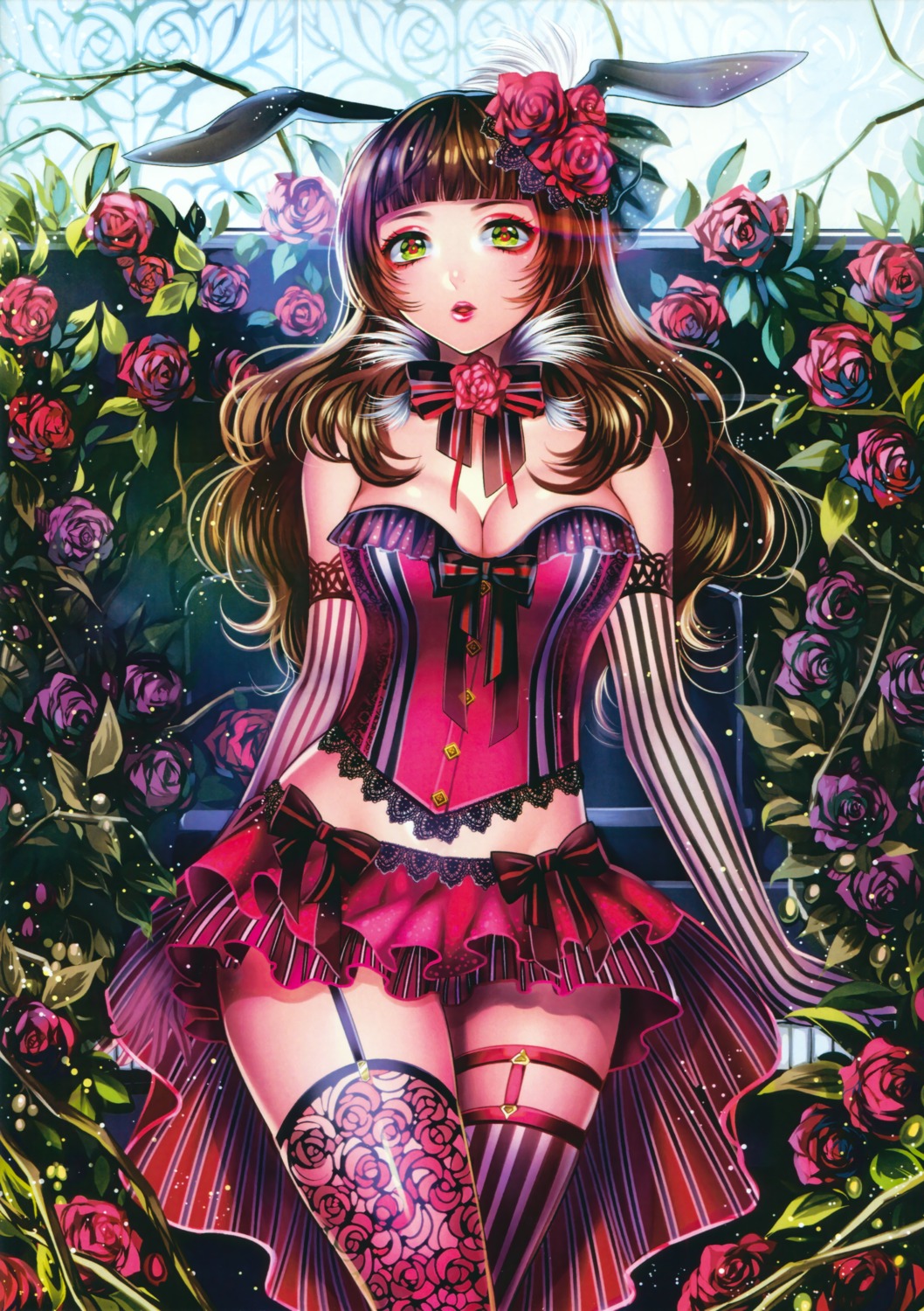 animal_ears, bunny_ears, cleavage, maturica_youko, stockings, thighhighs