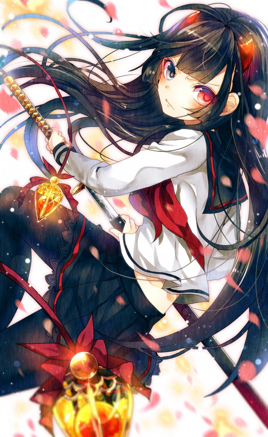 heterochromia, pantyhose, sazanami_shione, seifuku, sword