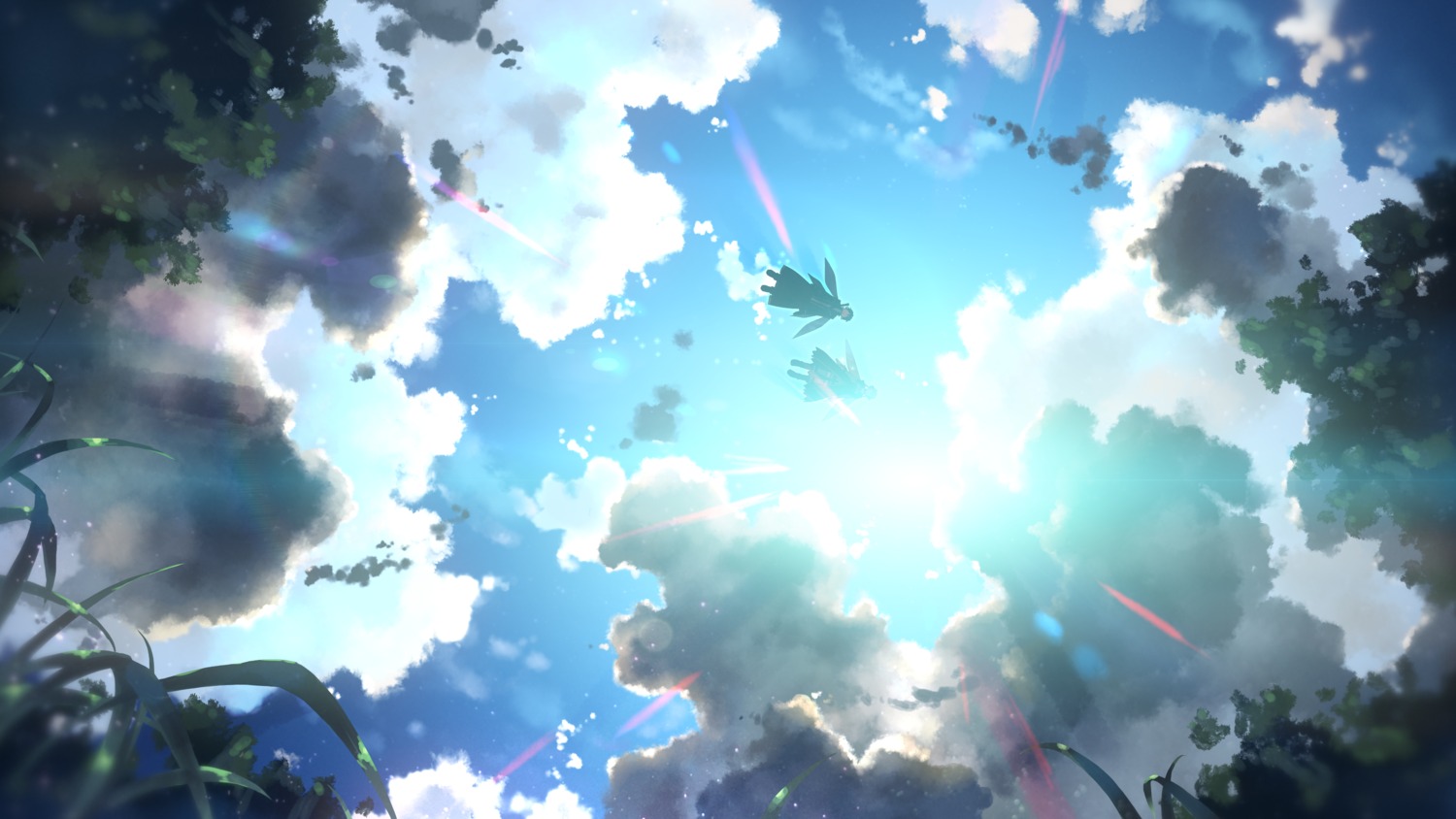 alfheim_online, asuna_(sword_art_online), dress, kirito, landscape, studio_s.d.t., sword, sword_art_online