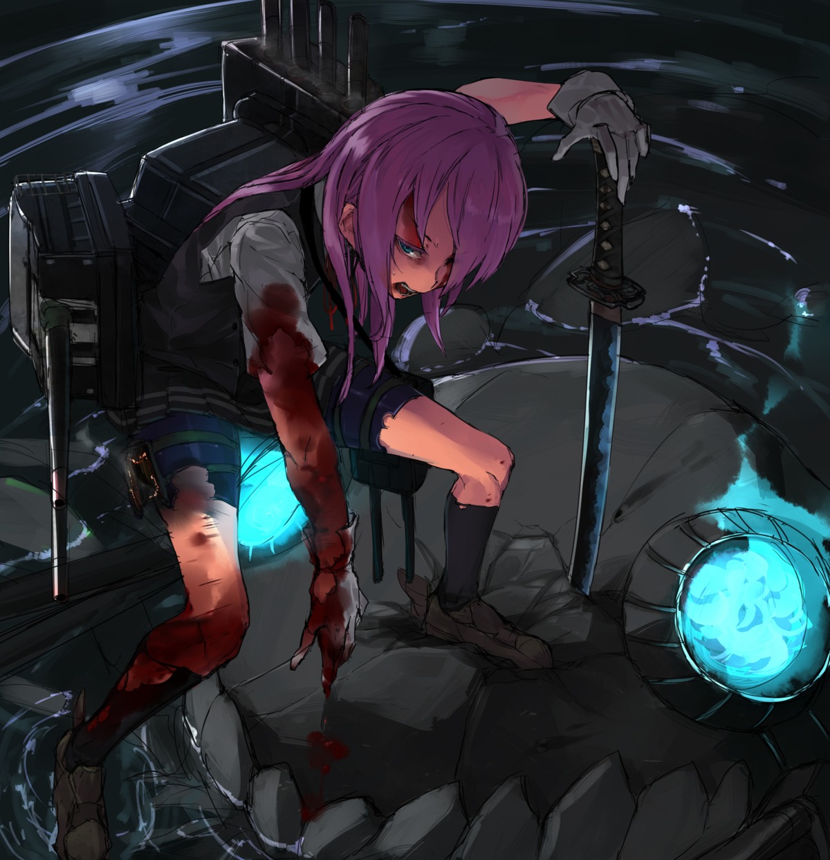 blood, kantai_collection, kumonji_aruto, seifuku, shiranui_(kancolle), sword, torn_clothes