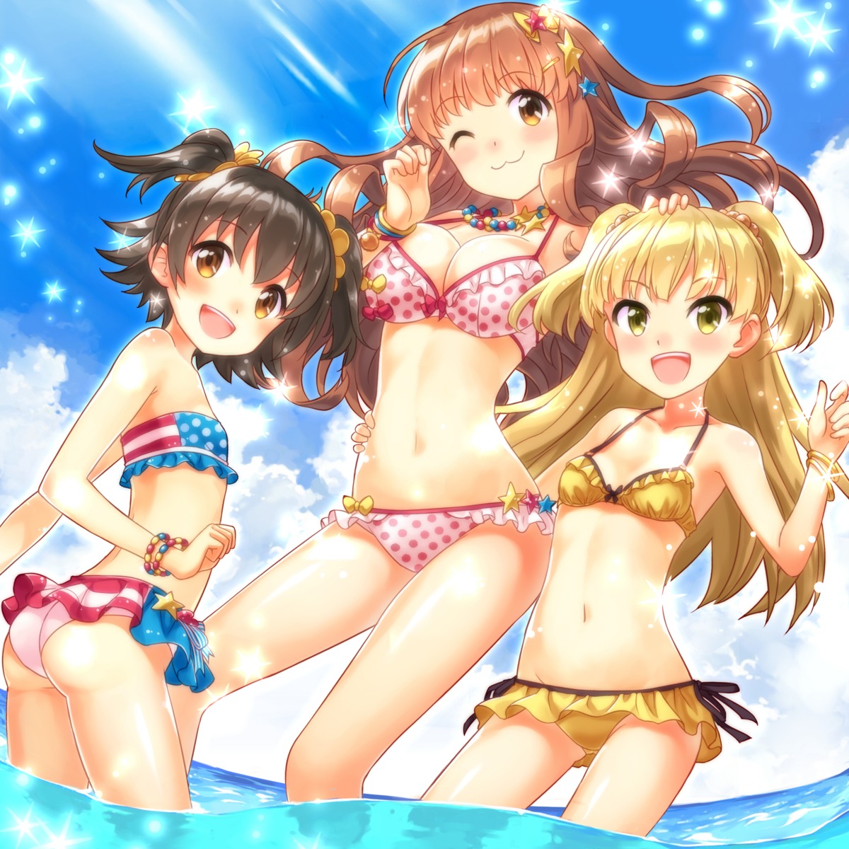akagi_miria, bikini, buntan, cleavage, jougasaki_rika, moroboshi_kirari, swimsuits, the_idolm@ster, the_idolm@ster_cinderella_girls, the_idolm@ster_cinderella_girls_u149, wet