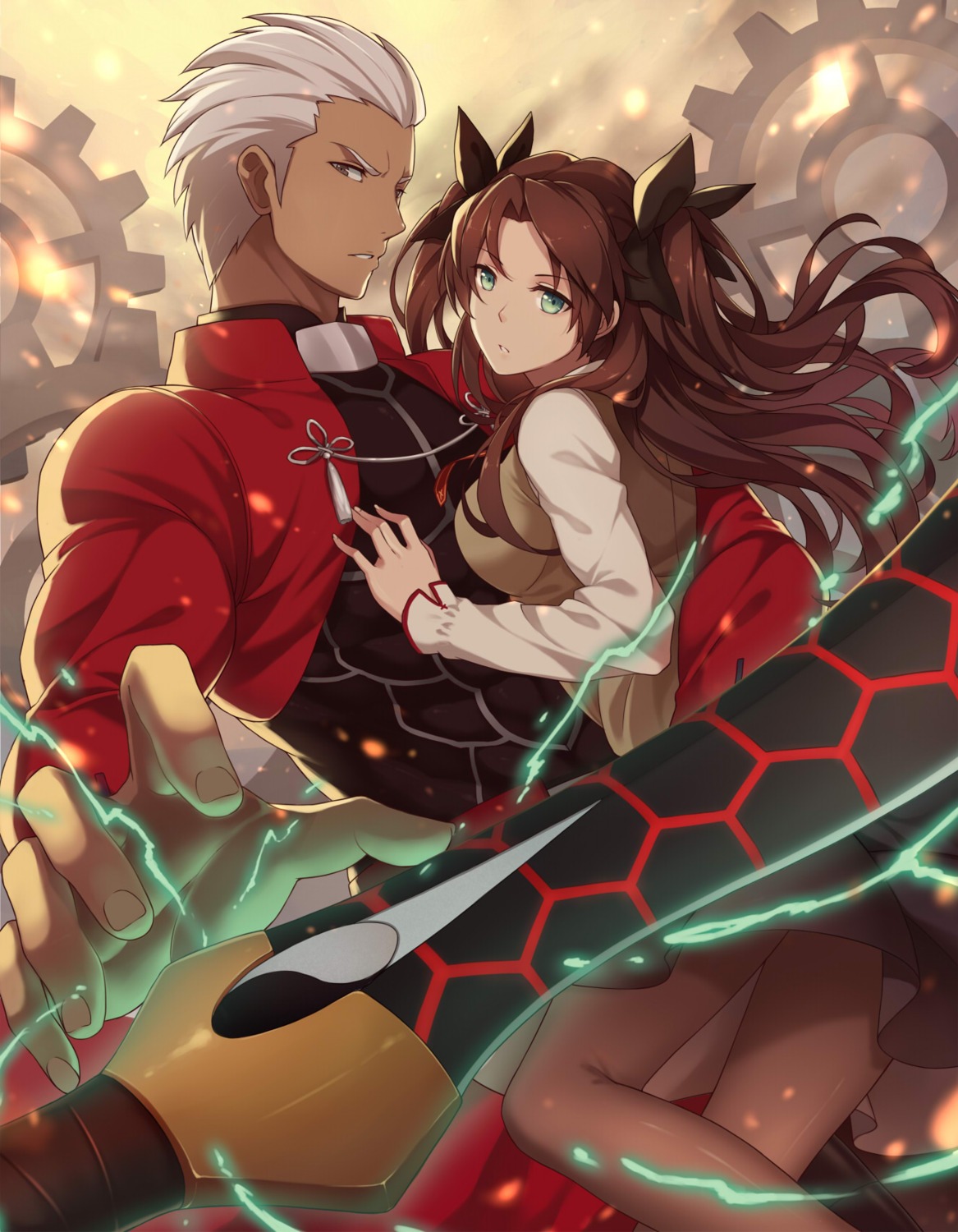 archer, fate/stay_night, ng_(chaoschyan), pantyhose, seifuku, sword, toosaka_rin