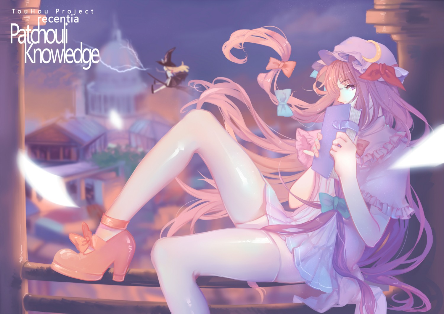 dress, heels, kirisame_marisa, patchouli_knowledge, recentia, skirt_lift, thighhighs, touhou, witch