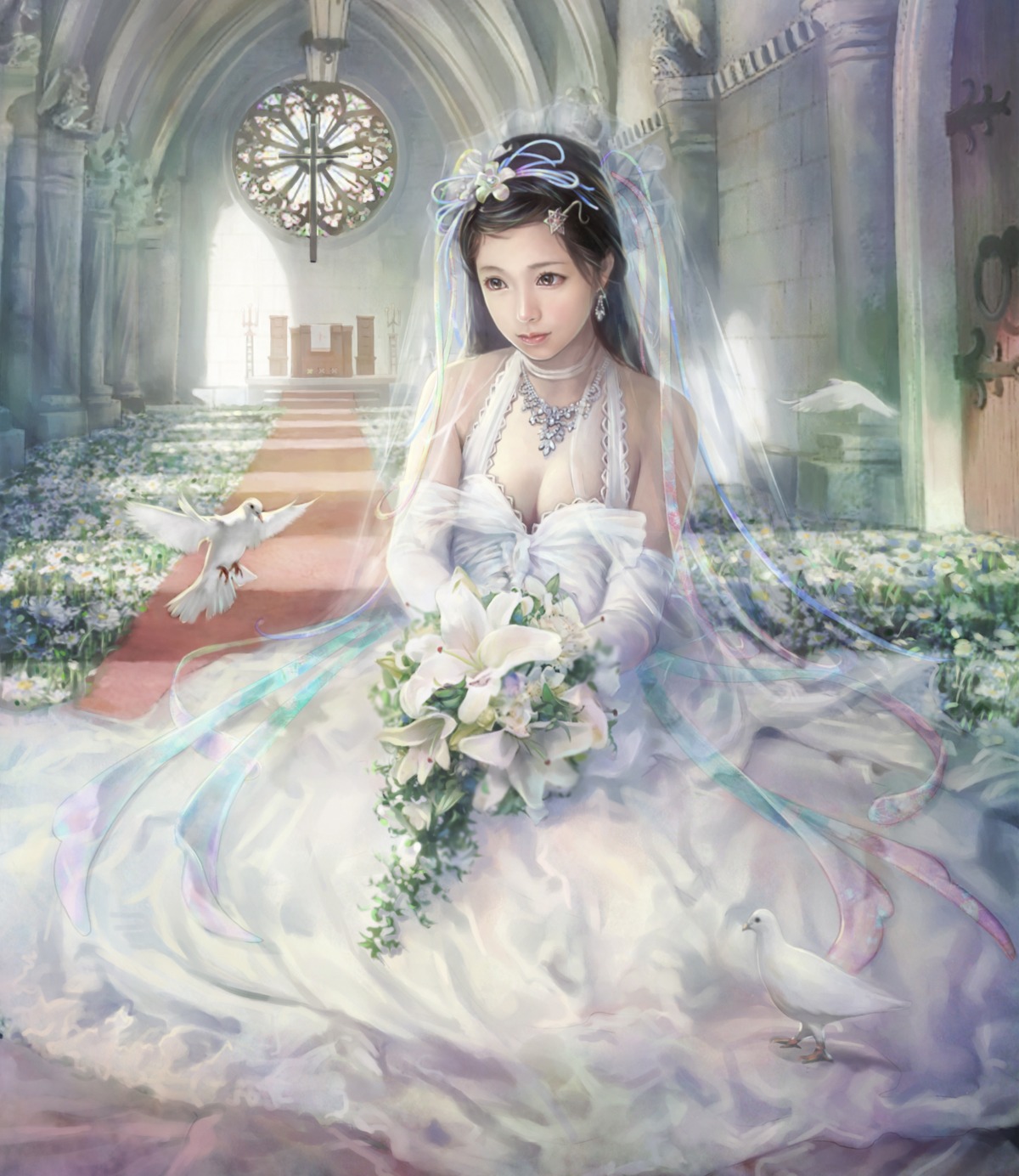 cleavage, dress, eat, wedding_dress
