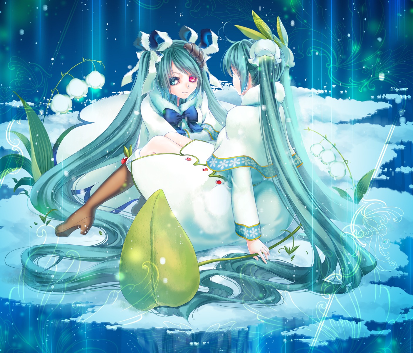 calne_ca, crossover, dress, hatsune_miku, heels, heterochromia, misa_kobayashi, vocaloid, yuki_miku