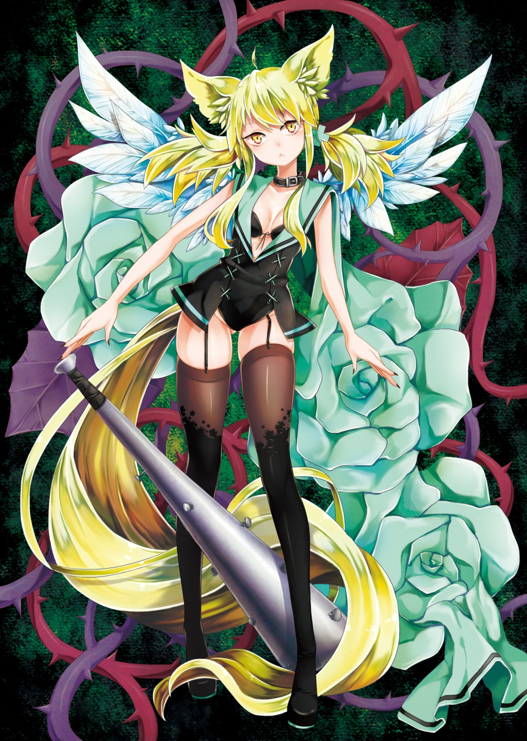 animal_ears, bikini_top, cleavage, moi_latte, open_shirt, stockings, swimsuits, thighhighs, weapon, wings