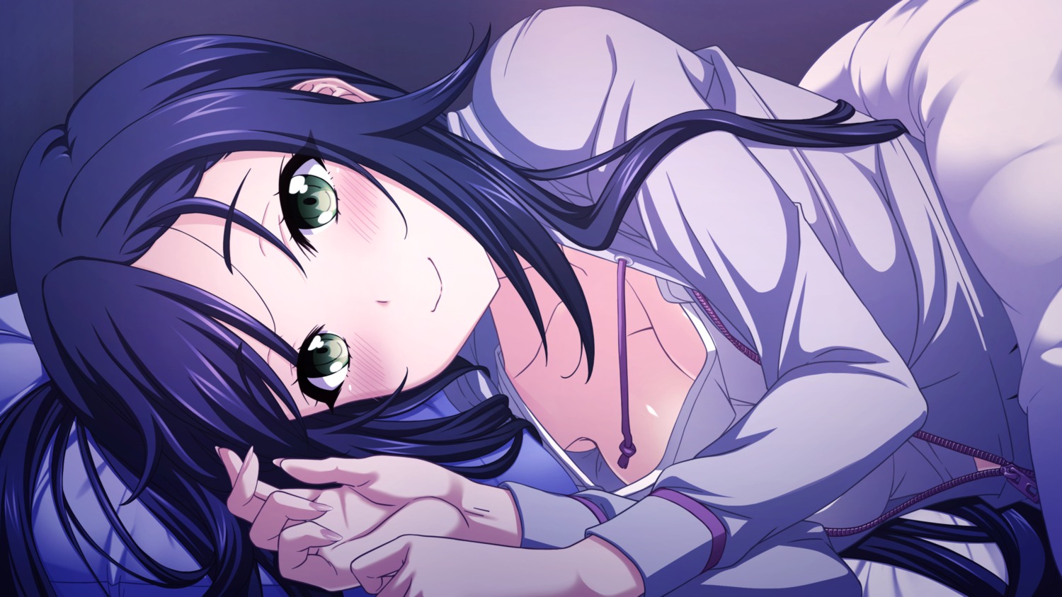 anekouji_naoko, anekouji_naoko_to_giniro_no_shinigami, cleavage, game_cg, minato_carnival, no_bra, open_shirt, sheets