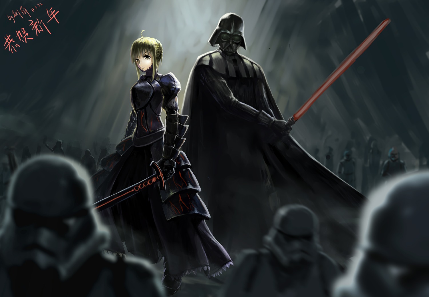 armor, artoria_pendragon_(fate), crossover, darth_vader, dress, fate/stay_night, star_wars, weapon