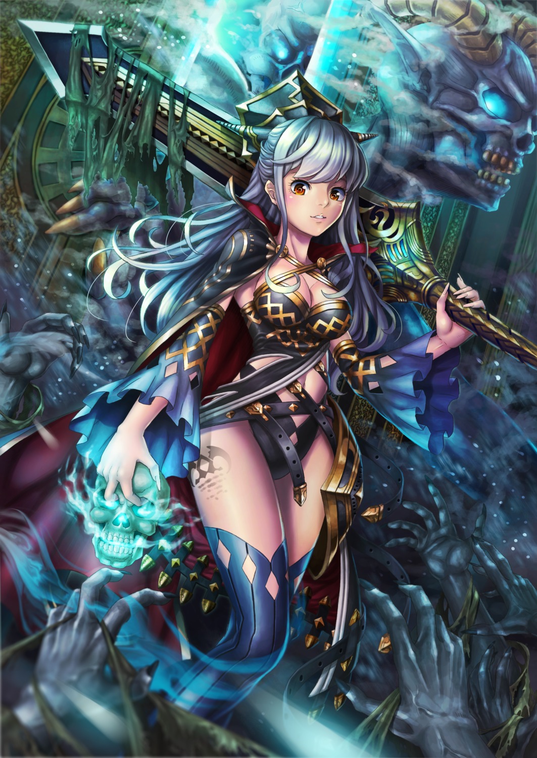 cleavage, horns, monster, sword, tattoo, thighhighs, uma_(artist)
