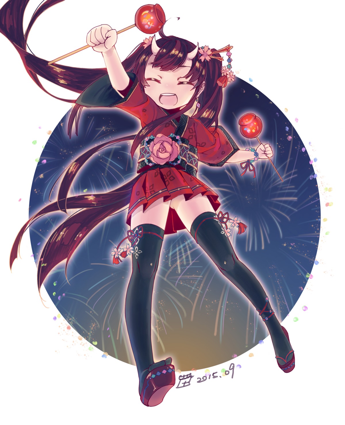 curtain, horns, japanese_clothes, thighhighs