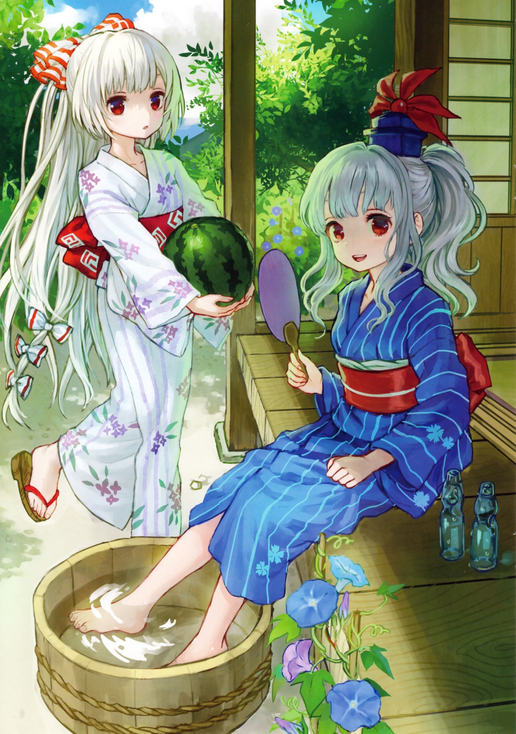 ama-tou, fujiwara_no_mokou, kamishirasawa_keine, touhou, wet, yukata