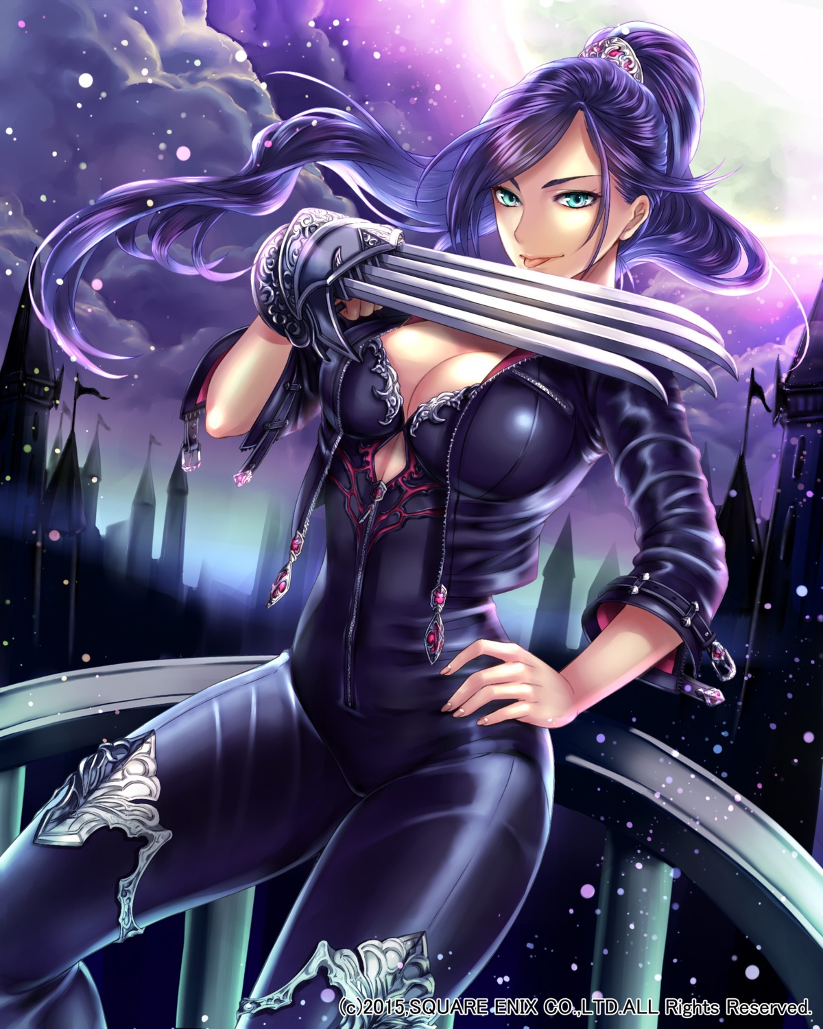 bodysuit, cleavage, iria_(yumeirokingyo), lost_crusade, open_shirt, square_enix, weapon