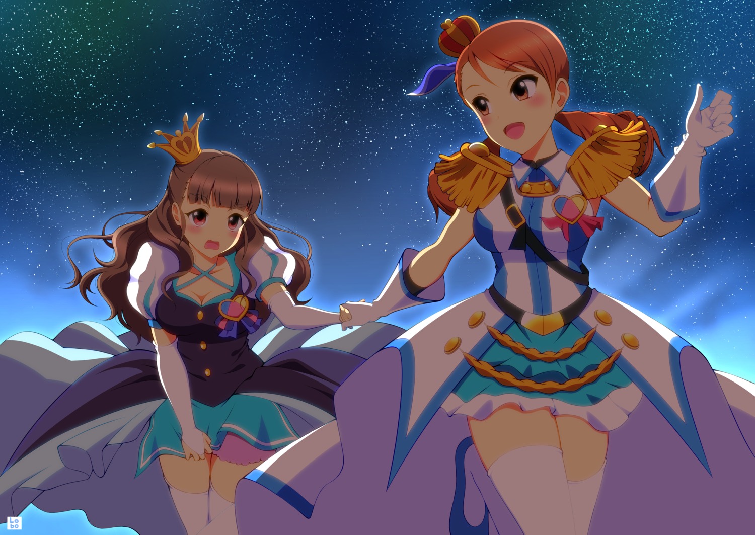 cleavage, dress, houjou_karen, kamiya_nao, ookami_maito, the_idolm@ster, the_idolm@ster_cinderella_girls, thighhighs