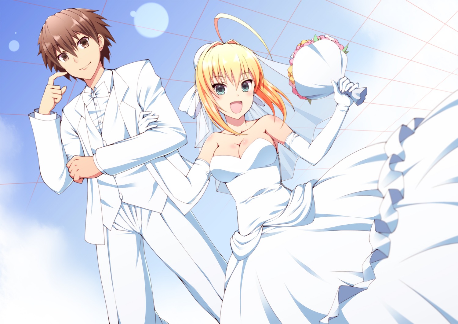 cleavage, dress, fate/extra, fate/stay_night, kishinami_hakuno_(male), nero_claudius_(fate), ookami_maito, wedding_dress