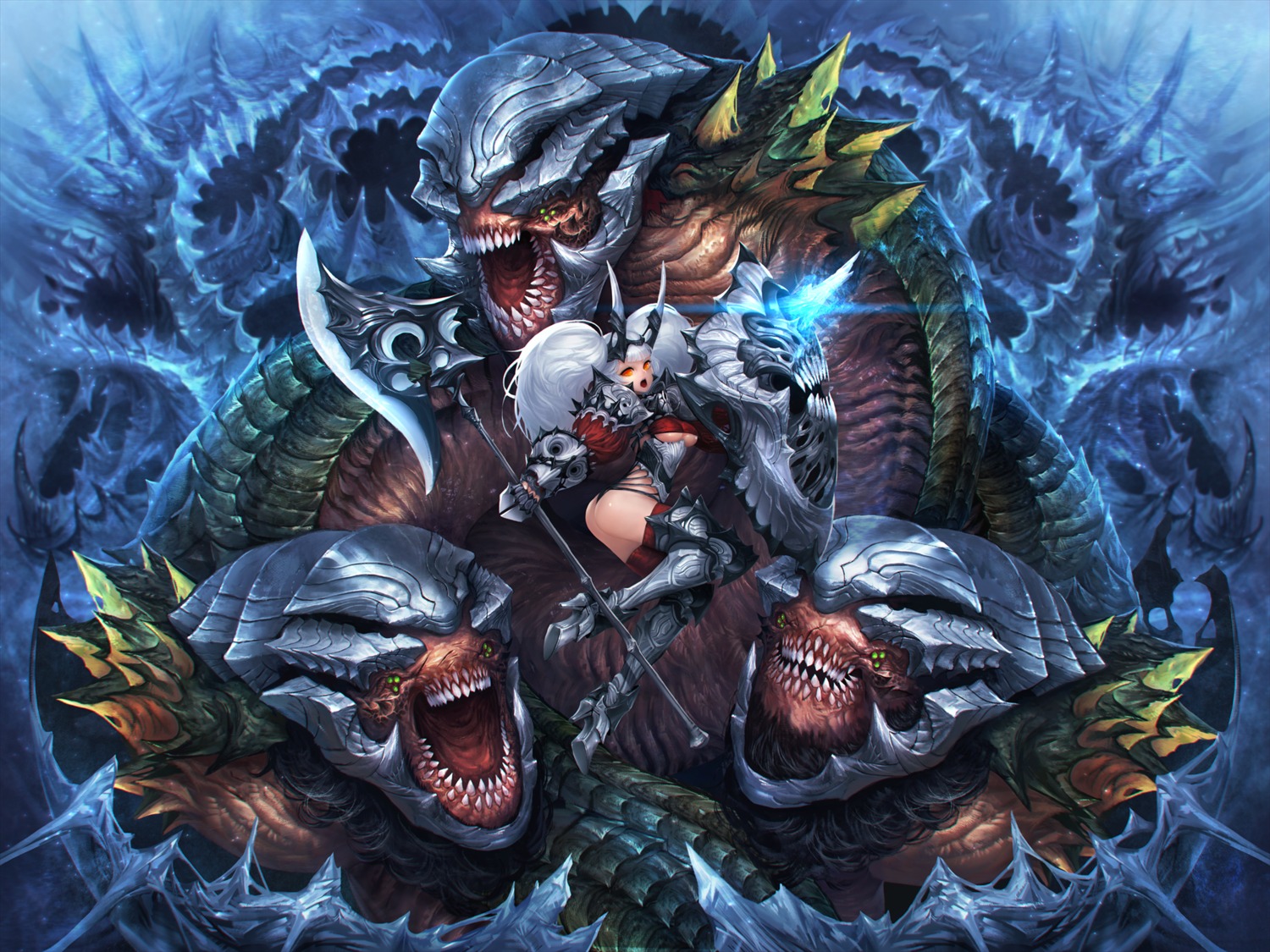 armor, ass, bacius9, heels, horns, monster, thighhighs, thong, underboob, weapon