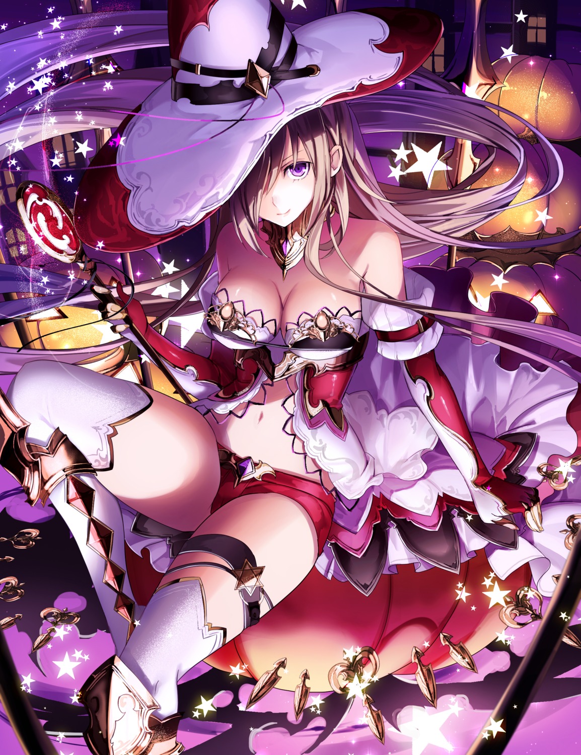 armor, cleavage, thighhighs, weapon, witch, yuuki_kira