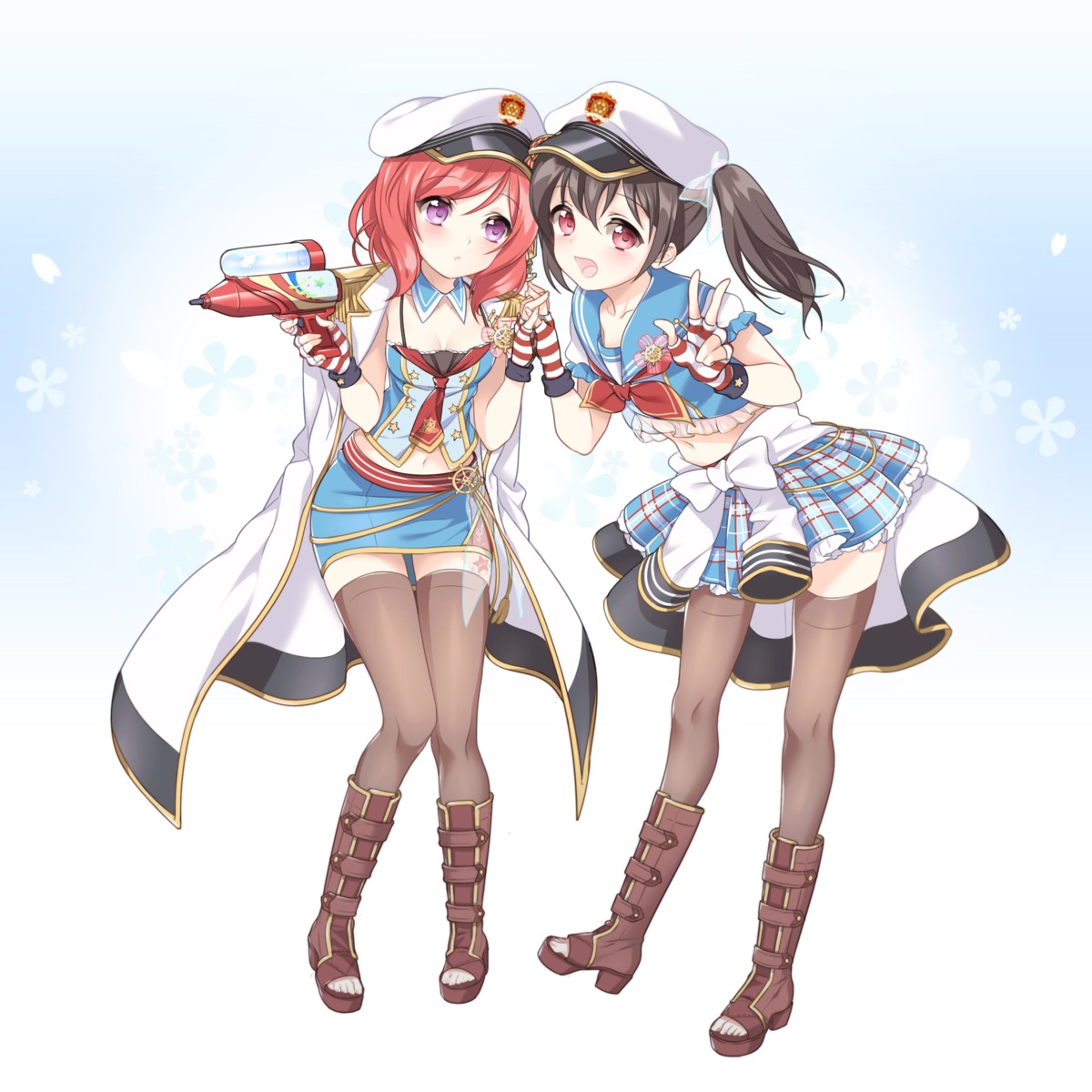 cleavage, gun, heels, love_live!, love_live!_(series), nishikino_maki, raind, thighhighs, yazawa_nico