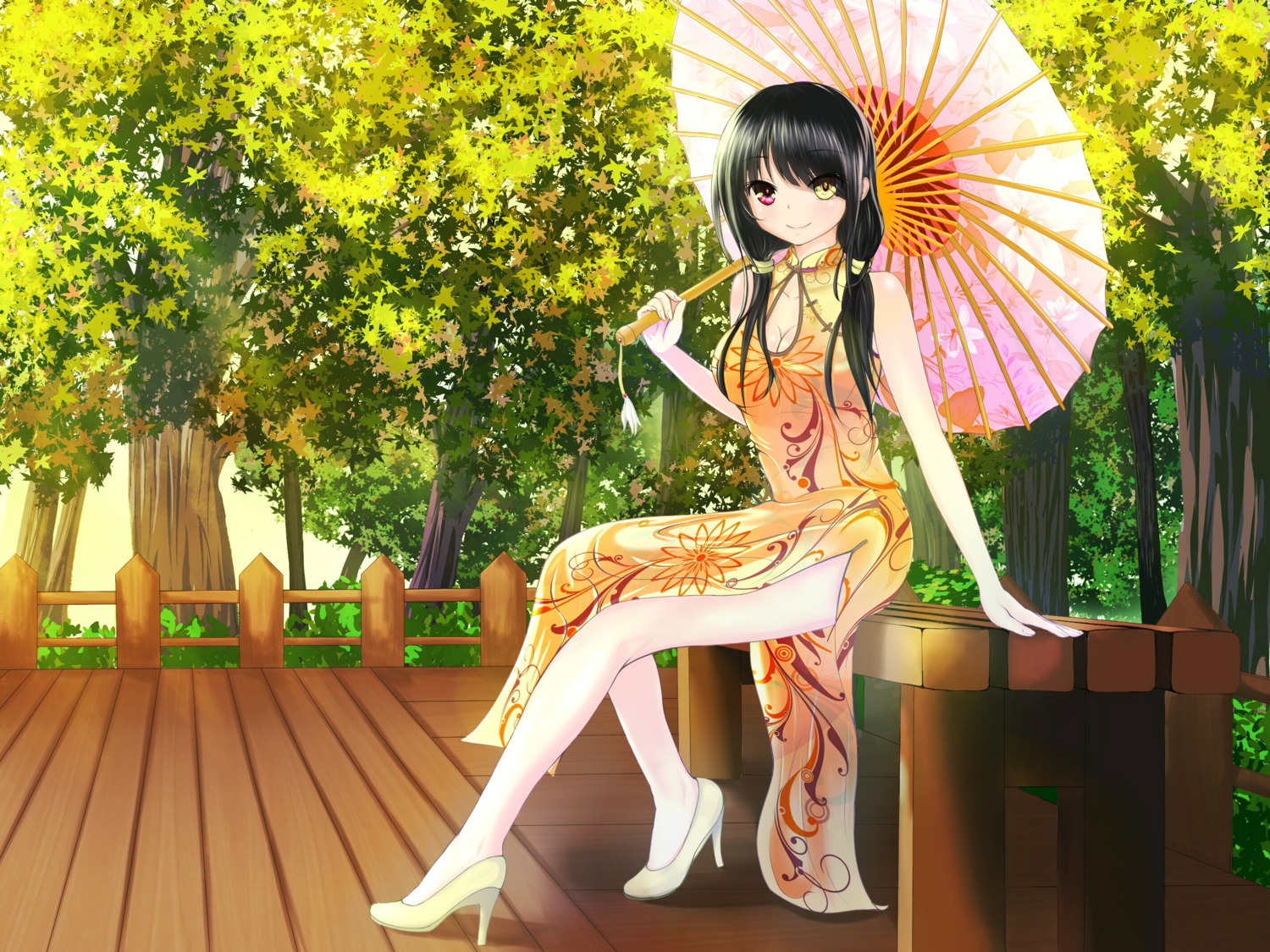 chinadress, cleavage, date_a_live, heels, heterochromia, john_117, tokisaki_kurumi, umbrella