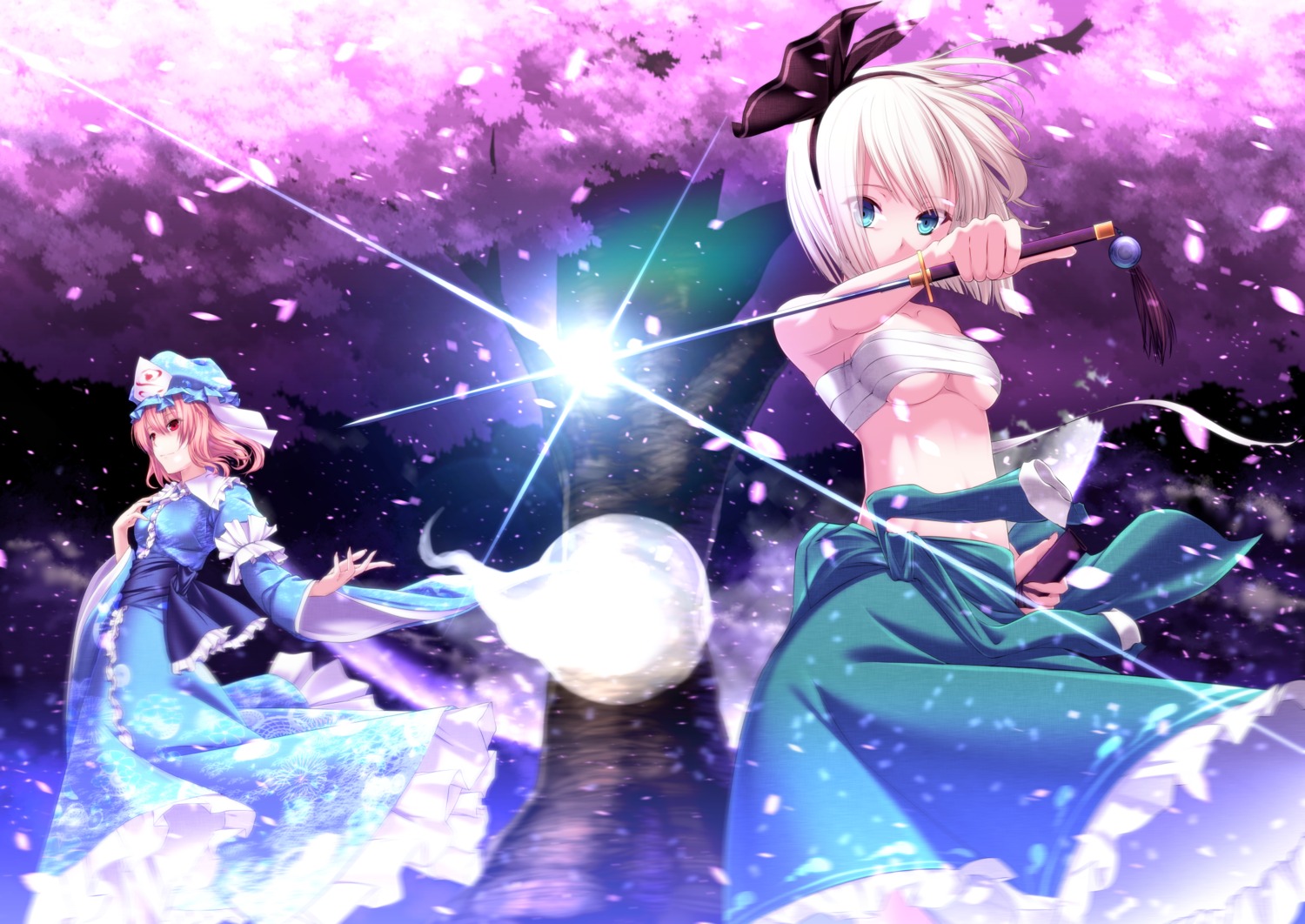 aono_meri, konpaku_youmu, saigyouji_yuyuko, sarashi, sword, touhou, underboob