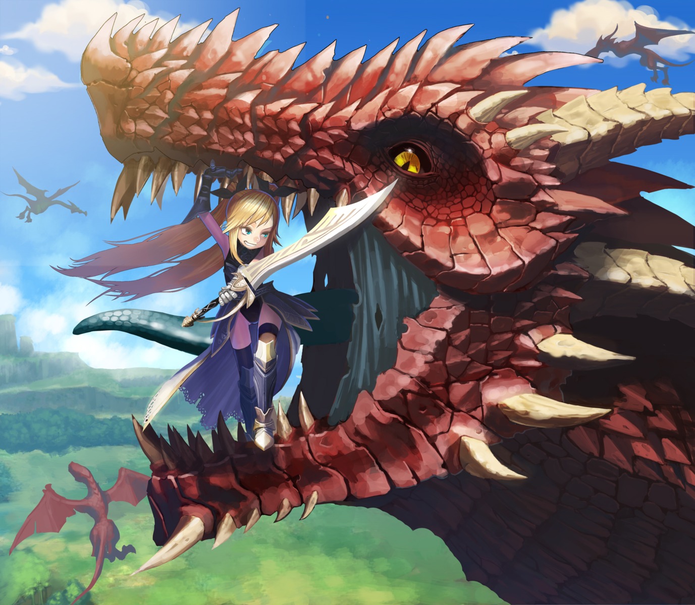 armor, leotard, monster, sword, tat, thighhighs