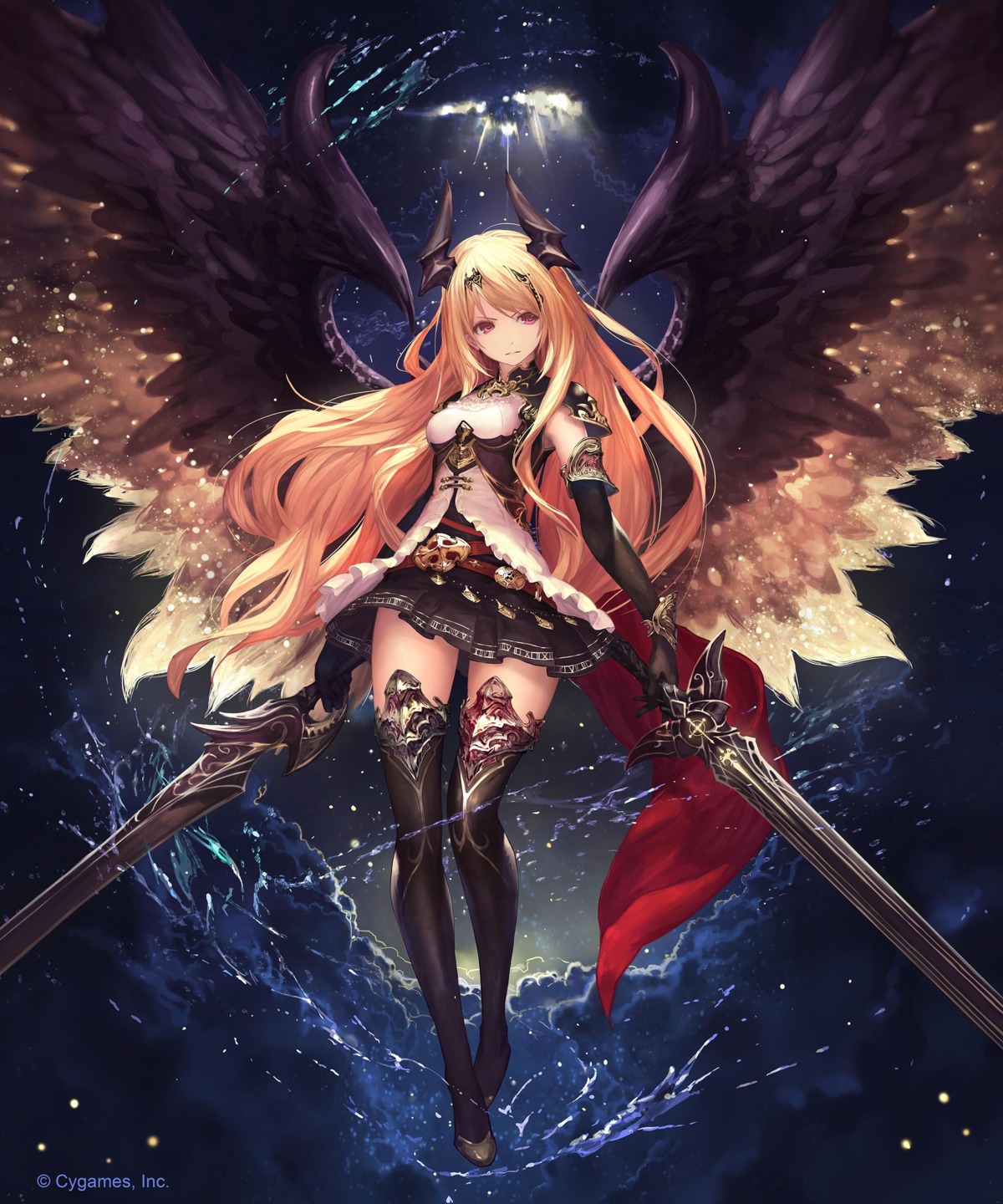 armor, dark_angel_olivia, dress, horns, jpeg_artifacts, shadowverse, shingeki_no_bahamut, sword, tachikawa_mushimaro, thighhighs, wings