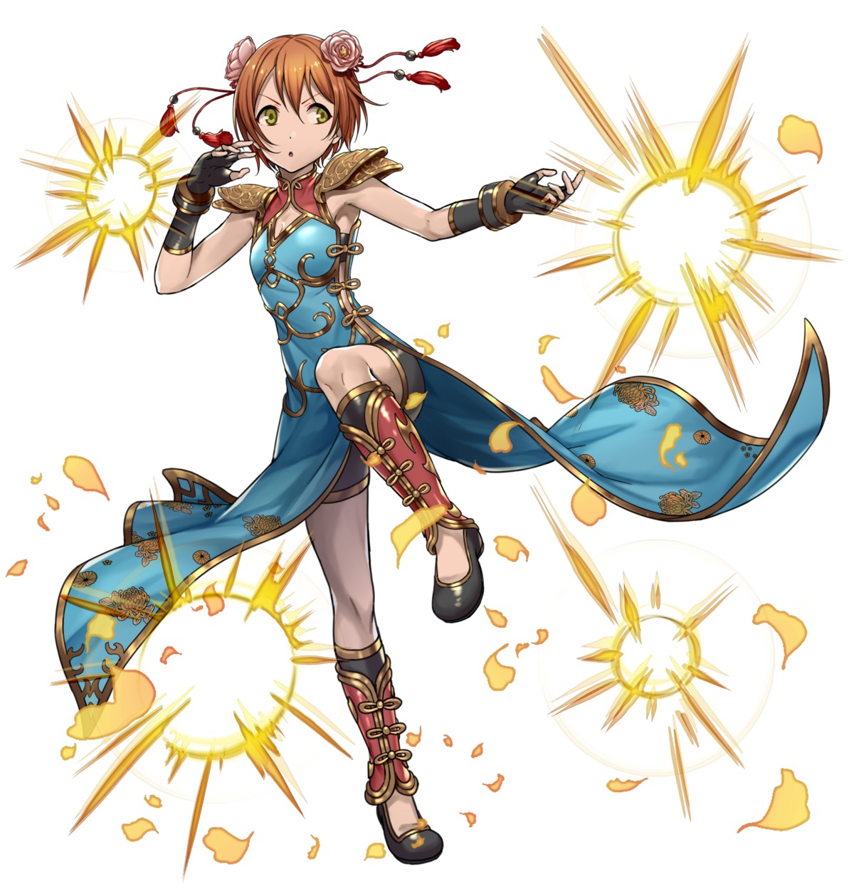 armor, bike_shorts, chinadress, cleavage, cosplay, granblue_fantasy, hoshizora_rin, keita_(kta0), love_live!, love_live!_(series)
