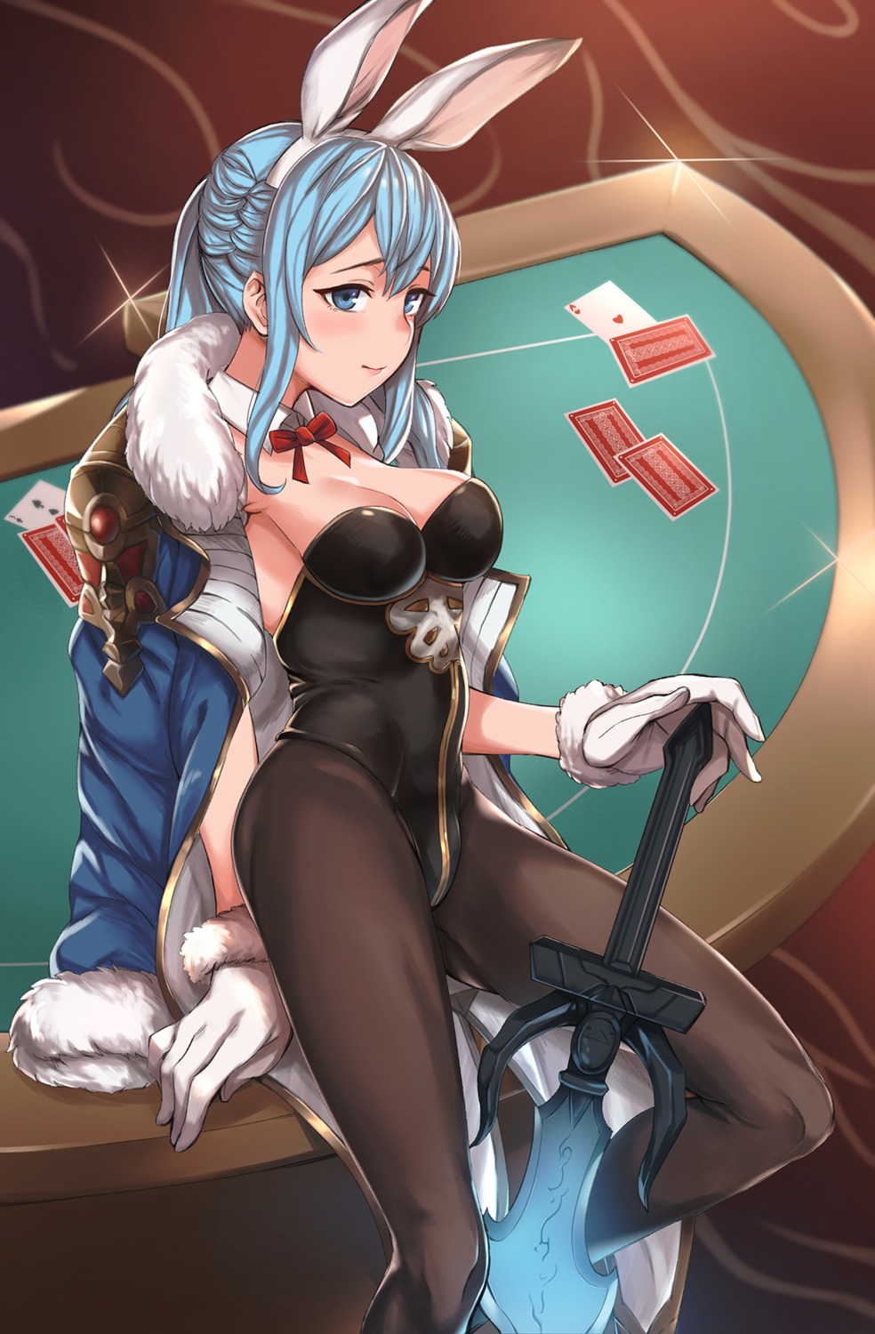 animal_ears, bunny_ears, bunny_girl, cleavage, granblue_fantasy, kyuuso_inukami, no_bra, nopan, pantyhose, sword, therese_(granblue_fantasy)