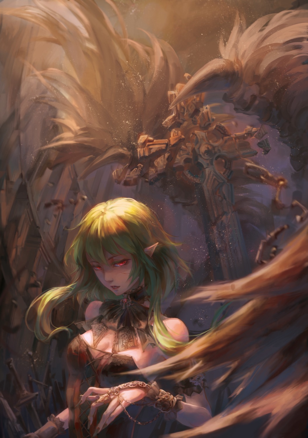cleavage, gumi, jlien-, pointy_ears, vocaloid, wings