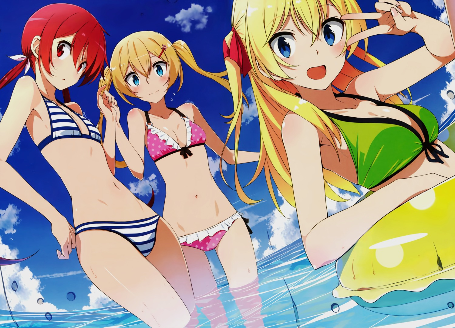 bikini, cleavage, joukamachi_no_dandelion, jpeg_artifacts, sakurada_akane, sakurada_hikari, satou_hana, swimsuits, wet