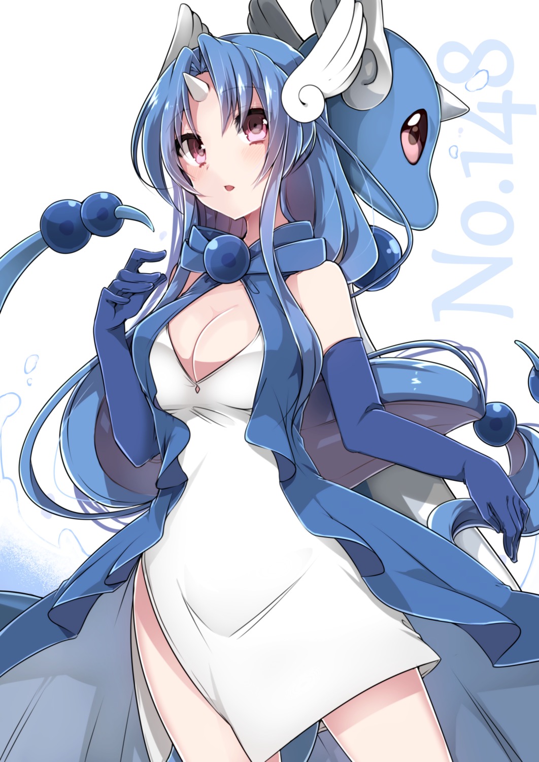 anthropomorphization, cleavage, dragonair, dress, horns, pokemon, takeshima_eku