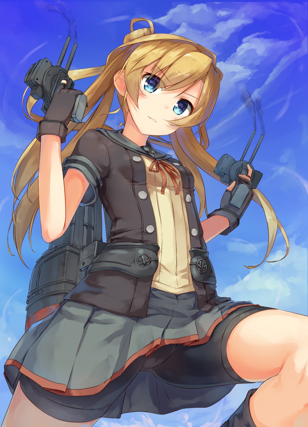 abukuma_(kancolle), bike_shorts, gun, kantai_collection, ruma_imaginary, seifuku