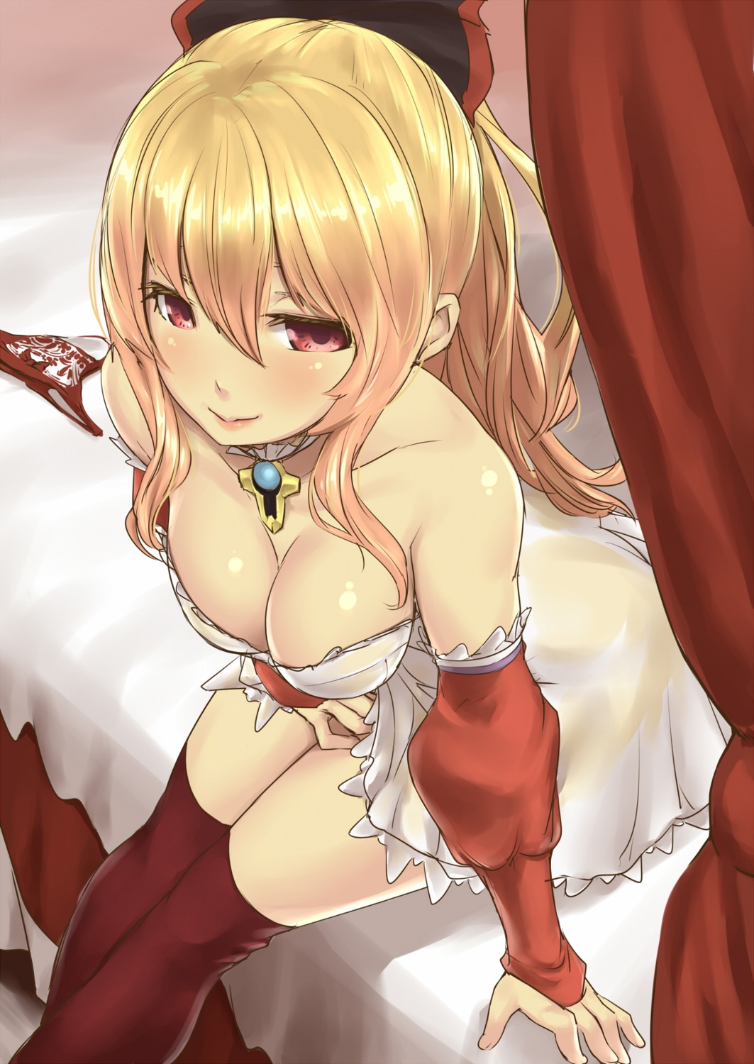 cleavage, dress, granblue_fantasy, nekotama1987, nopan, see_through, skirt_lift, thighhighs, vila_(granblue_fantasy)