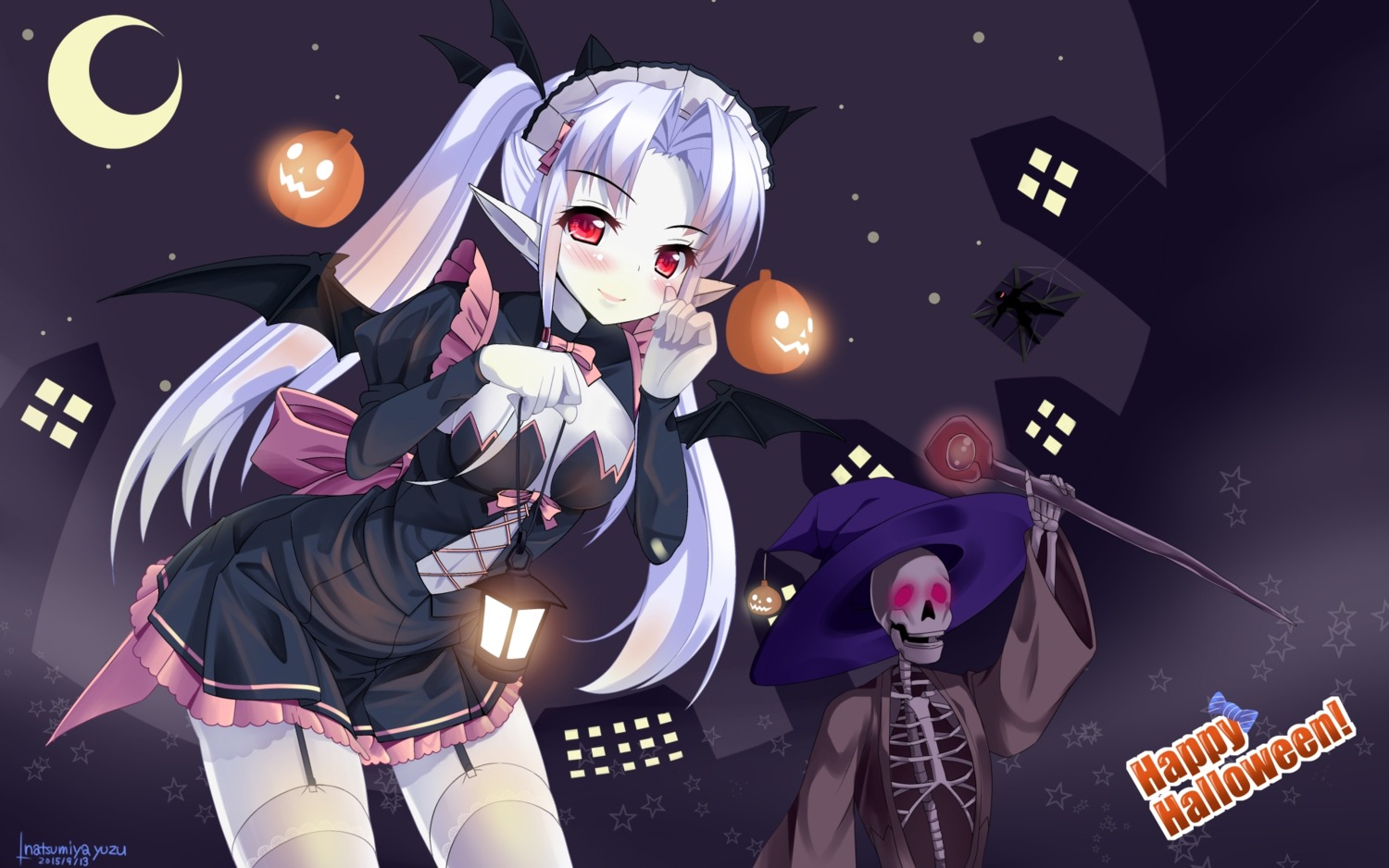cleavage, dress, halloween, natsumiya_yuzu, pointy_ears, stockings, thighhighs, wallpaper