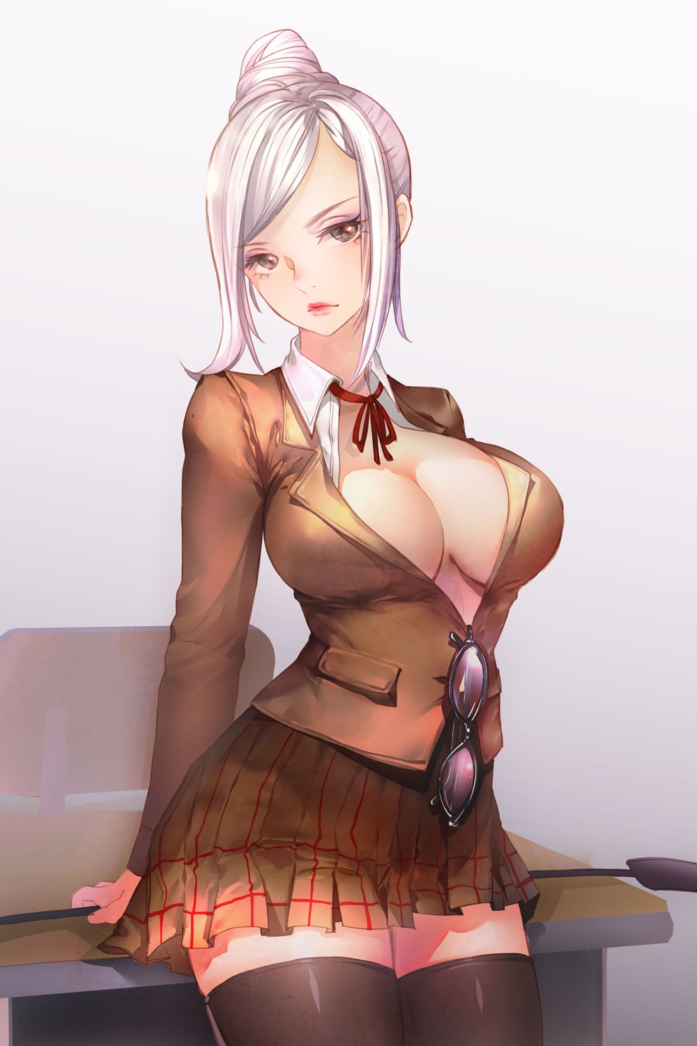 cleavage, megane, no_bra, open_shirt, orry, prison_school, seifuku, shiraki_meiko, thighhighs