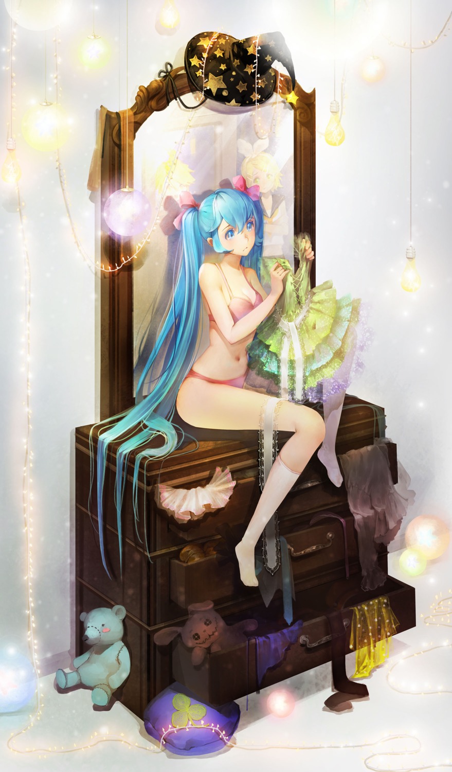 bra, cleavage, dress, hatsune_miku, kagamine_len, kagamine_rin, orry, pantsu, vocaloid