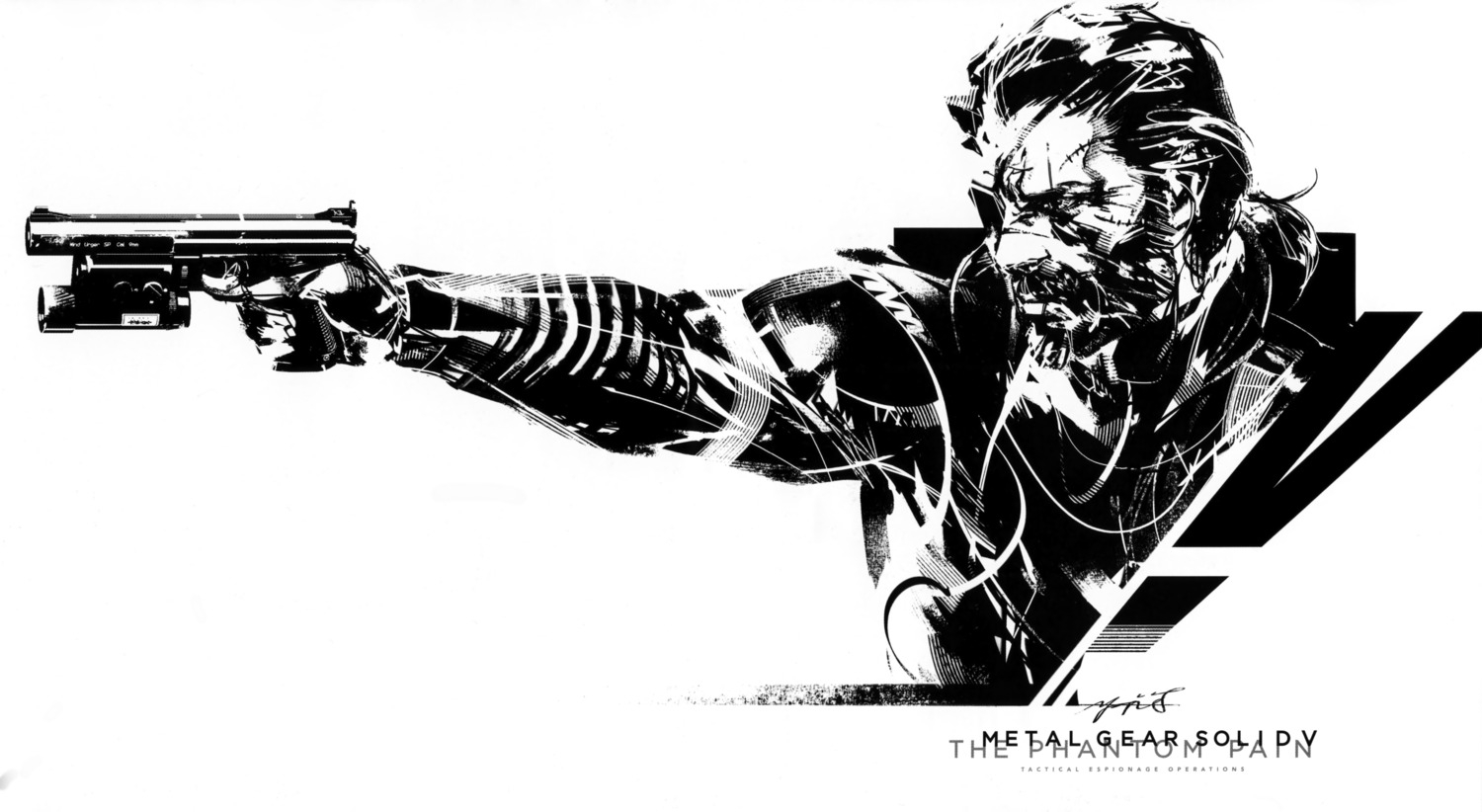 big_boss_(metal_gear), eyepatch, gun, male, metal_gear_solid_v:_the_phantom_pain, monochrome, shinkawa_yoji