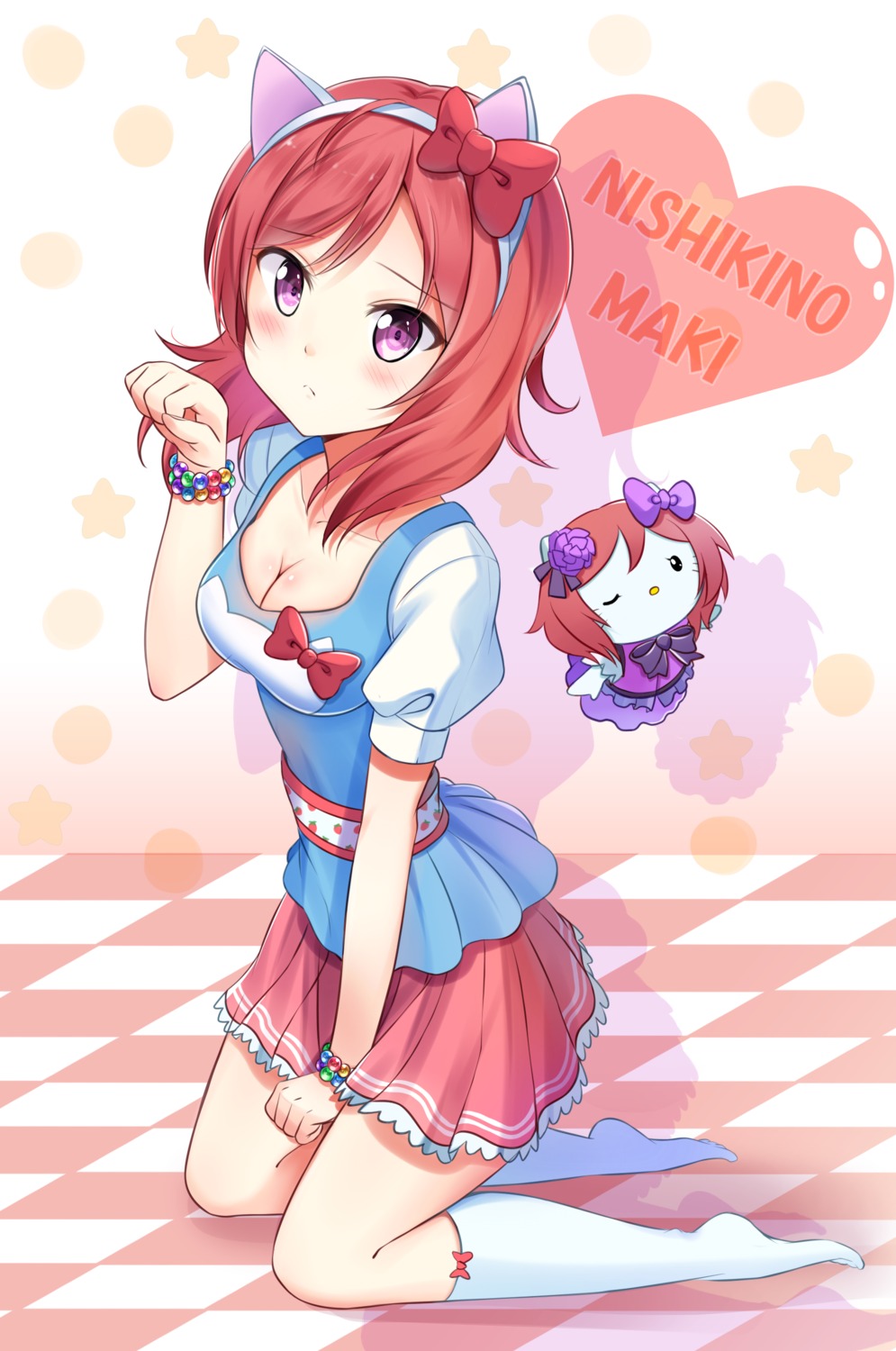 animal_ears, cleavage, crossover, hello_kitty, hello_kitty_(sanrio), karumayu, love_live!, love_live!_(series), nekomimi, nishikino_maki, sanrio